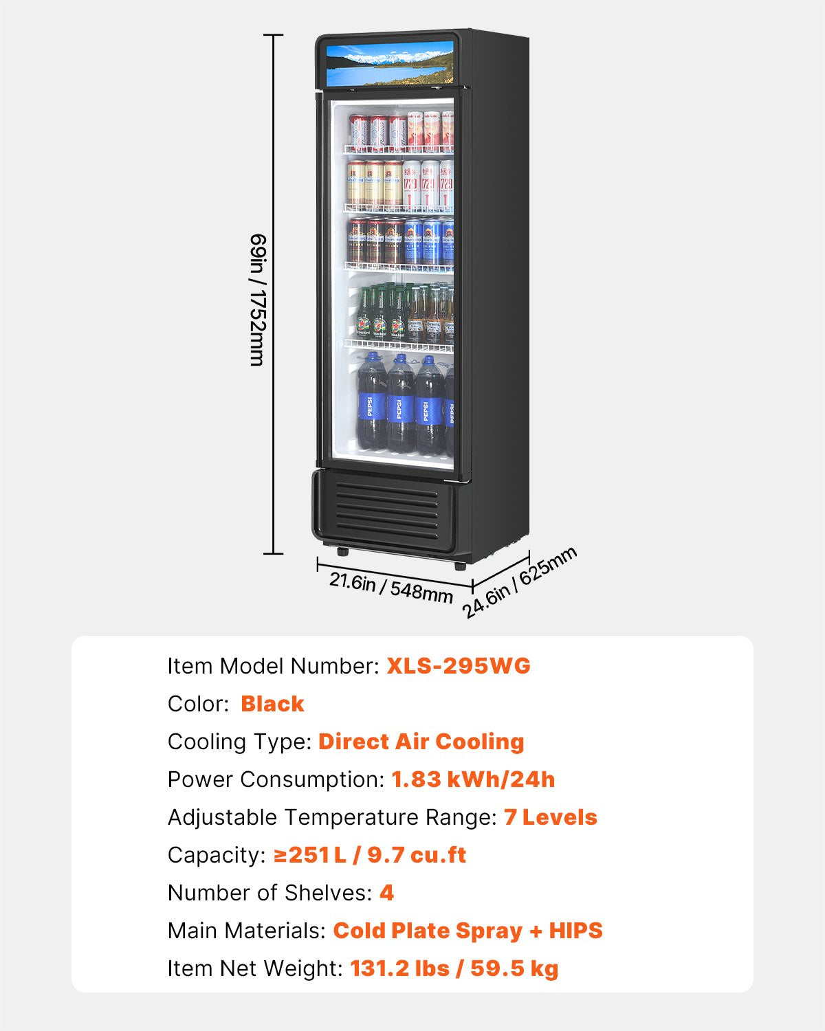 Commercial Merchandiser Refrigerator, 9.7 CU.FT Glass Door Display Refrigerator, Beverage Refrigerator Cooler Merchandiser with Adjustable Shelves, Soft LED Light, Customizable Lightbox, Black