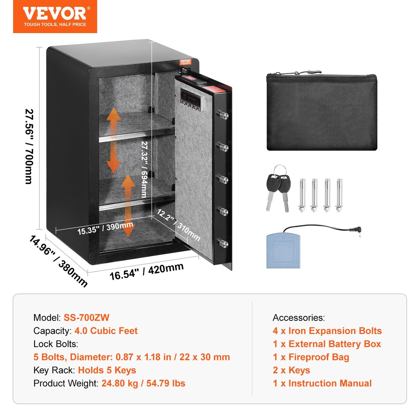 Single Door 4.0 cu.ft Safe Box with Key Lock, Password & Fingerprint, Safe Lock Box with Fireproof Bag, Key Rack, LED Light, and 2 Shelves for Money, Documents, Jewelry, and Valuables, Black