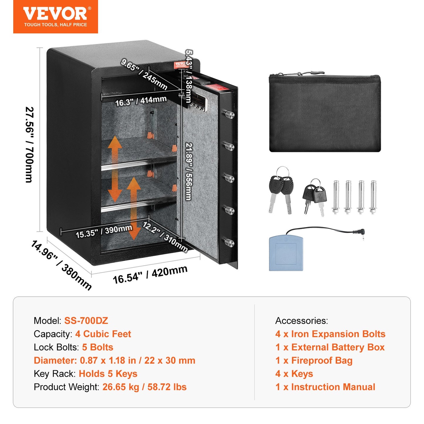 Single Door 4.0 cu.ft Safe Box with Key Lock & Password, Safe Lock Box with Fireproof Bag, Key Rack, LED Light, 2 Shelves, and 1 Cabinet for Money, Documents, Jewelry, and Valuables, Black