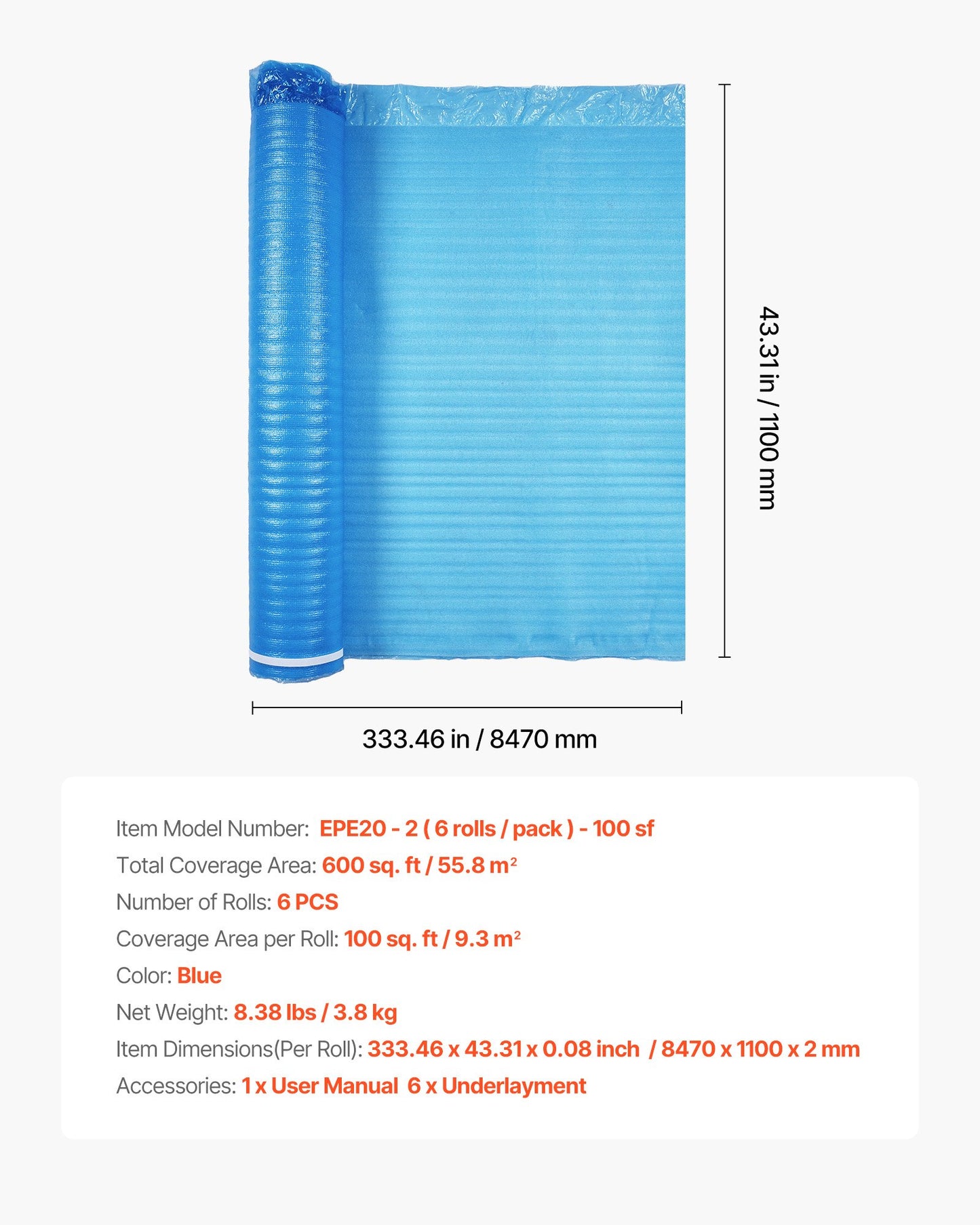 Floor Underlayment 600 sq. ft, 3-in-1 2 mm Thick Flooring Padding with Tape & Vapor Barrier, Heavy Duty EPE Foam Soundproofing & Noise Reduction, for Laminate Wood (6 Rolls x 100 sq. ft)