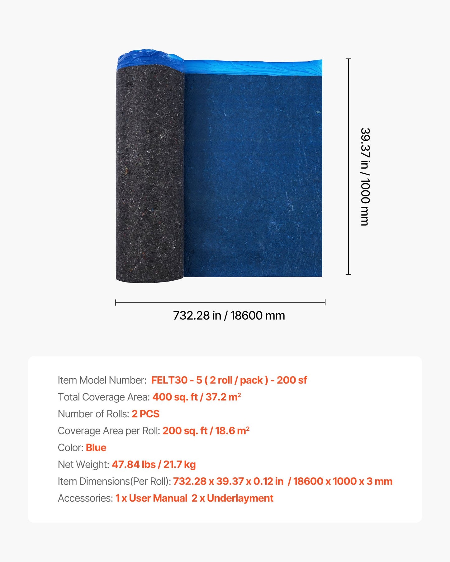 Floor Underlayment 400 sq. ft, 3mm Laminate Flooring Padding with Attached Vapor Barrier, Heavy Duty Fiber+PE Film, Soundproofing & Noise Reduction for Vinyl & Wood(2 Rolls x 200 sq. ft)