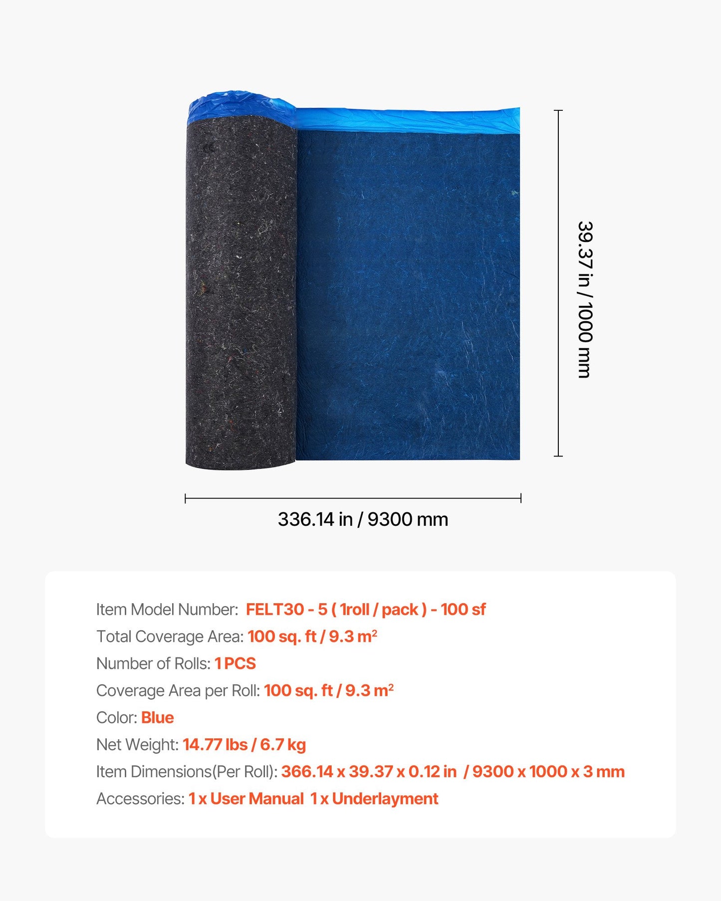 Floor Underlayment 100 sq. ft/Roll, 3 mm Thick Laminate Flooring Padding with Attached Vapor Barrier, Heavy Duty Fiber + PE Film, Soundproofing & Noise Reduction, Ideal for Vinyl Wood