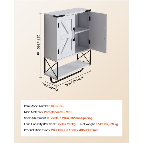 Badrumsväggskåp, med 2 dörrar och justerbar hylla, Förvaring över toaletten Medicinskåp Väggmonterat, Hängande Organiserare med Öppen Skiljevägg och Handduksstång för Tvättstuga Kök, Vit | EU