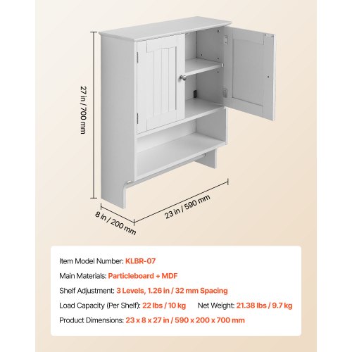 Badrumsskåp, 2 dörrar och justerbar hylla, Förvaring över toaletten Medicinskåp Väggmonterat, Hängande Organiserare med Öppen Skiljevägg och Handduksstång för Tvättstuga Kök, Vit | EU