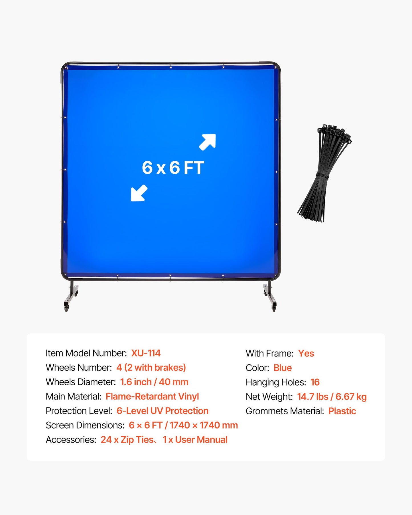 Welding Screen with Frame, 6 x 6 FT Welding Curtain Screen, Flame-Resistant Vinyl Safety Protection Screens with Lockable Swivel Wheels & 6-Level UV Protection for Workshop/Industrial Use, Blue