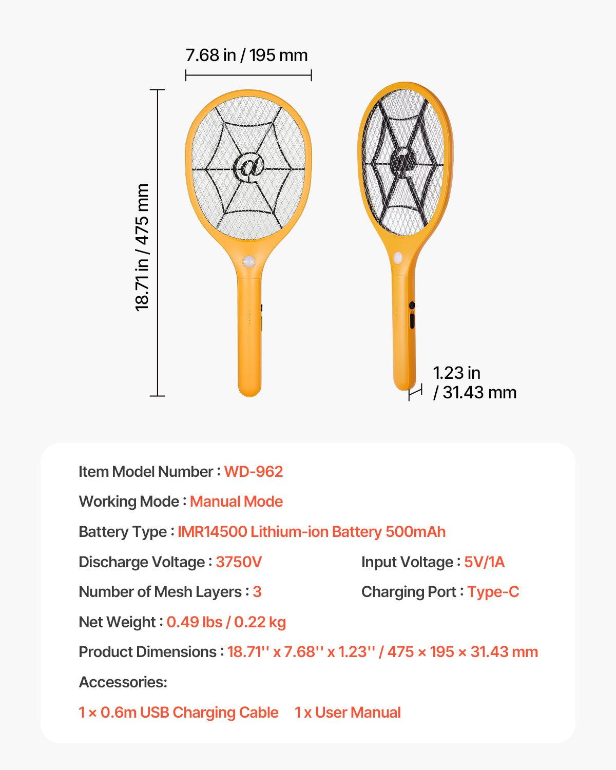 Electric Fly Swatter, Zapper Racket with 3 Layers Mesh, Powerful Fly Killer Indoor & Outdoor with 500mAh Battery Rechargeable for Home, Bedroom, Kitchen and Patio, Yellow & Black