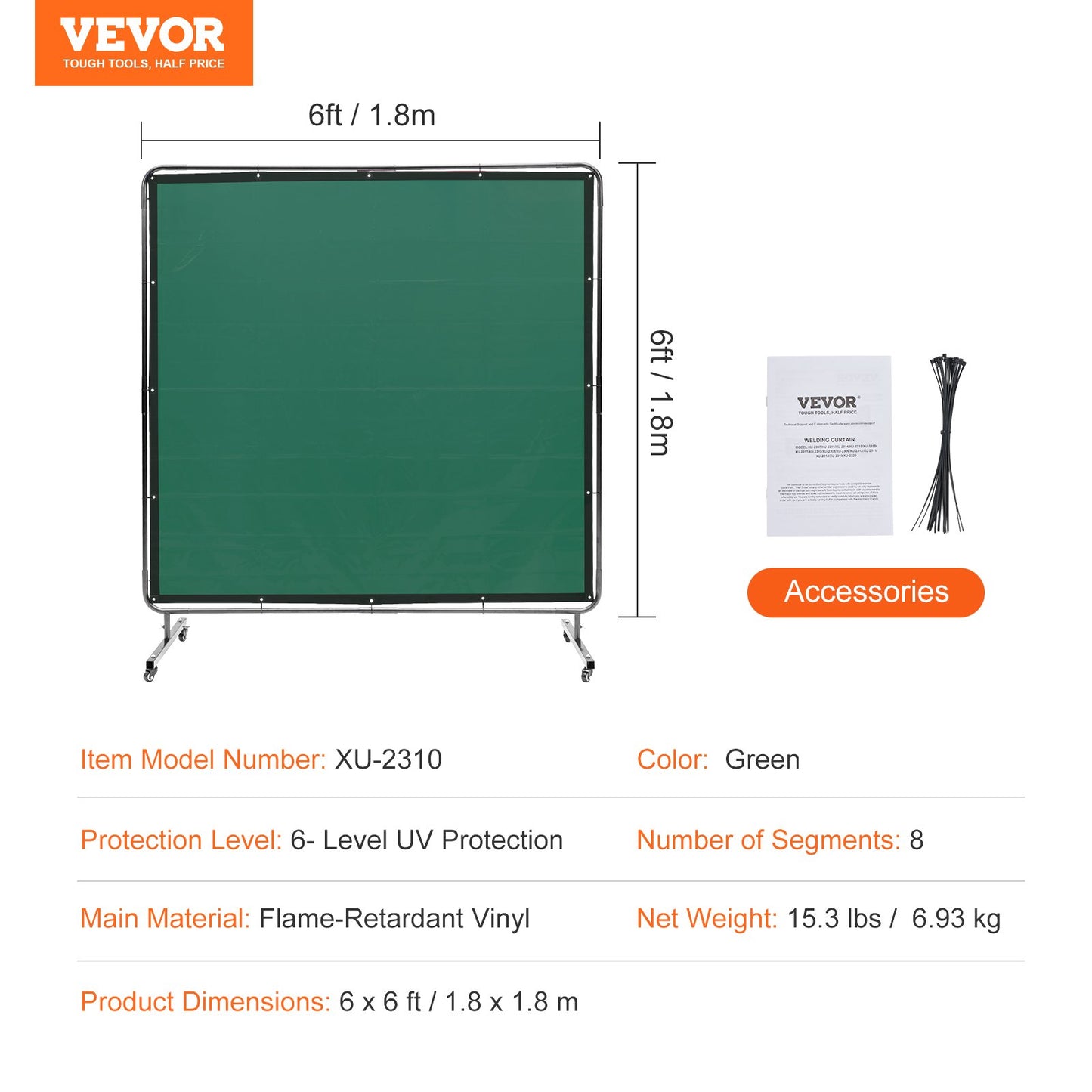 Welding Screen with Frame, 6' x 6' Welding Curtain Screen, Flame-Resistant Vinyl Welding Protection Screen on 4 Swivel Wheels (2 Lockable), Moveable & Professional for Workshop/Industrial, Green