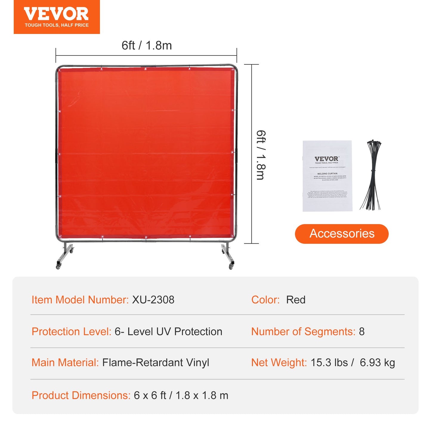 Welding Screen with Frame, 6' x 6' Welding Curtain Screen, Flame-Resistant Vinyl Welding Protection Screen on 4 Swivel Wheels (2 Lockable), Moveable & Professional for Workshop/Industrial, Red