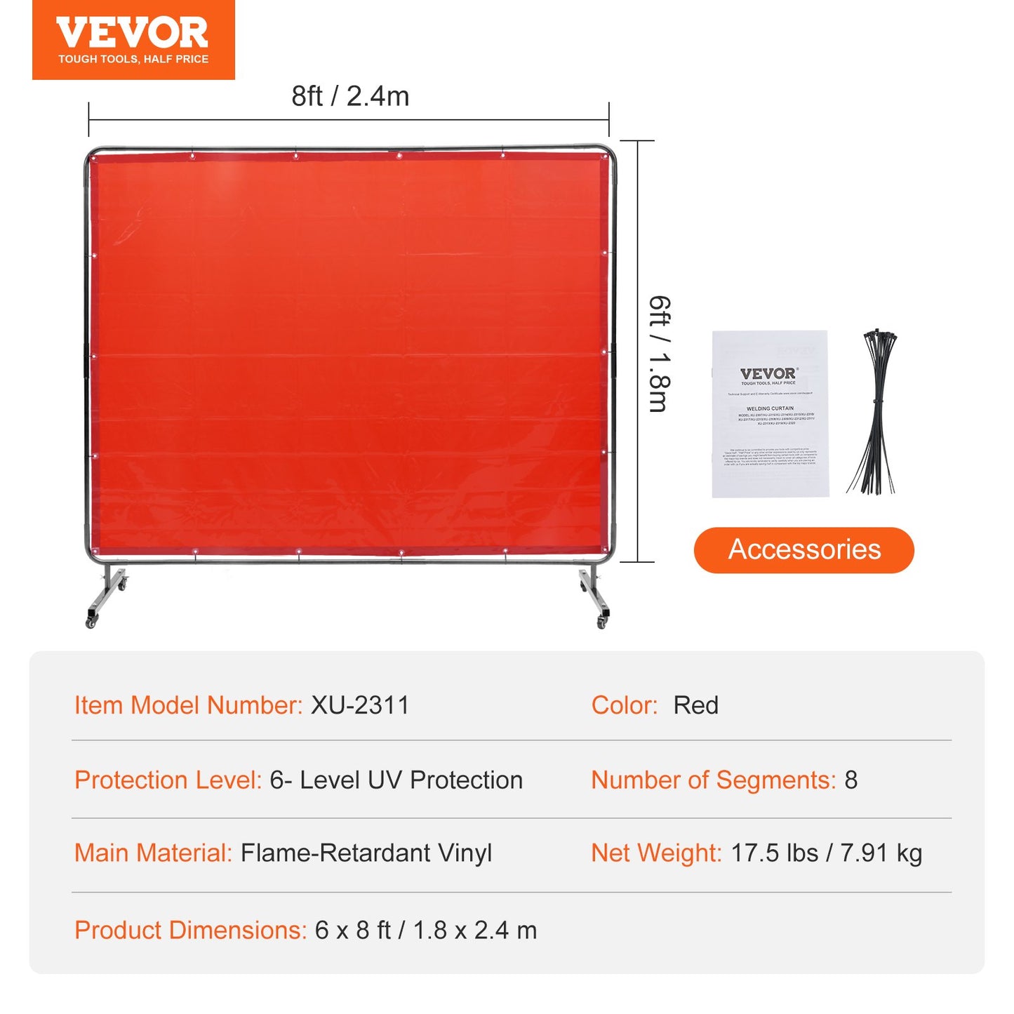 Welding Screen with Frame, 6' x 8' Welding Curtain Screen, Flame-Resistant Vinyl Welding Protection Screen on 4 Swivel Wheels (2 Lockable), Moveable & Professional for Workshop/Industrial, Red