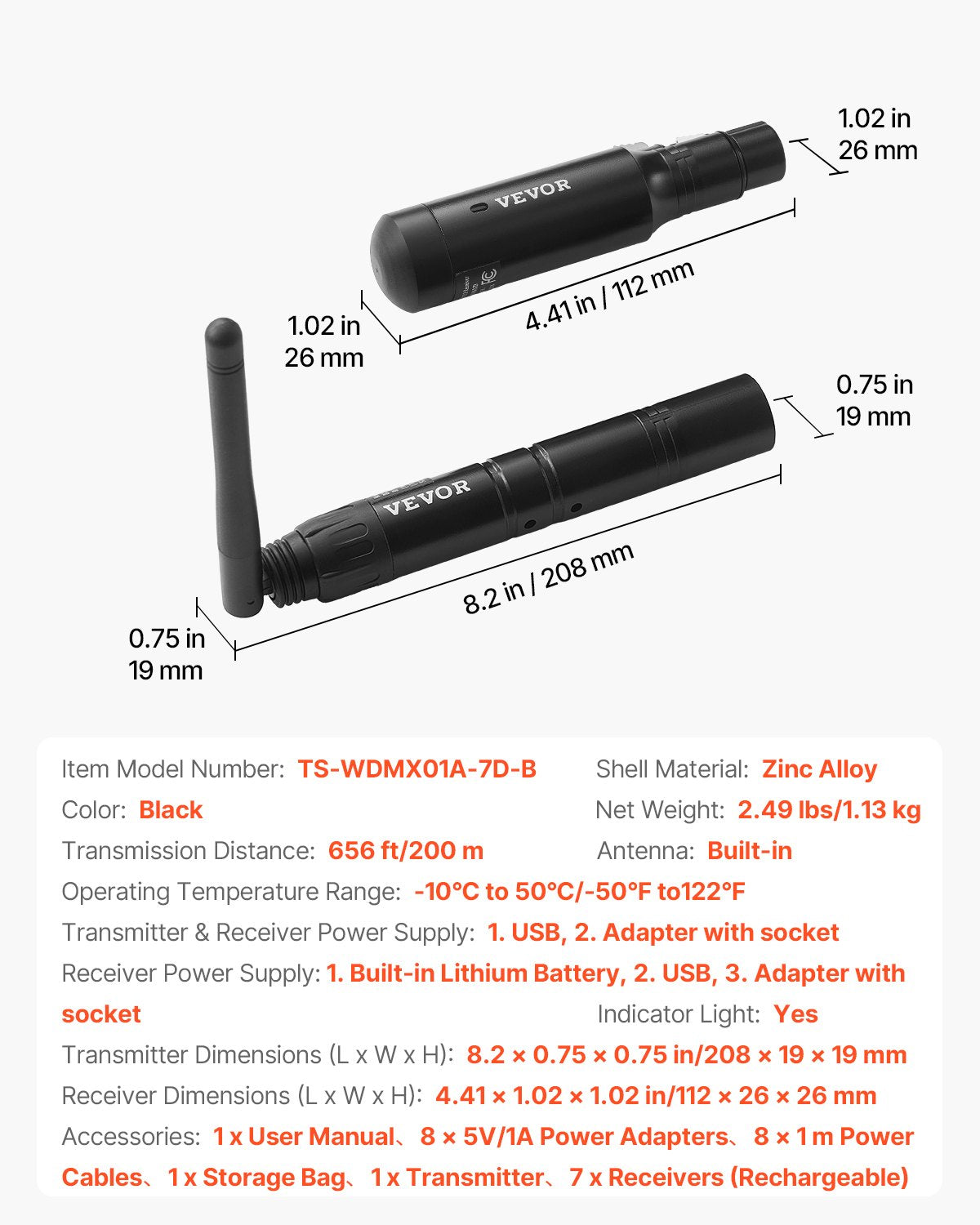 DMX Wireless Receiver, 7 Receivers & 1 Transmitter, 2.4G ISM Band, 656 ft Transmission Range, Rechargeable Battery, Wireless Stage Lighting Control, for LED Stage Party DJ Bar Lighting, Black