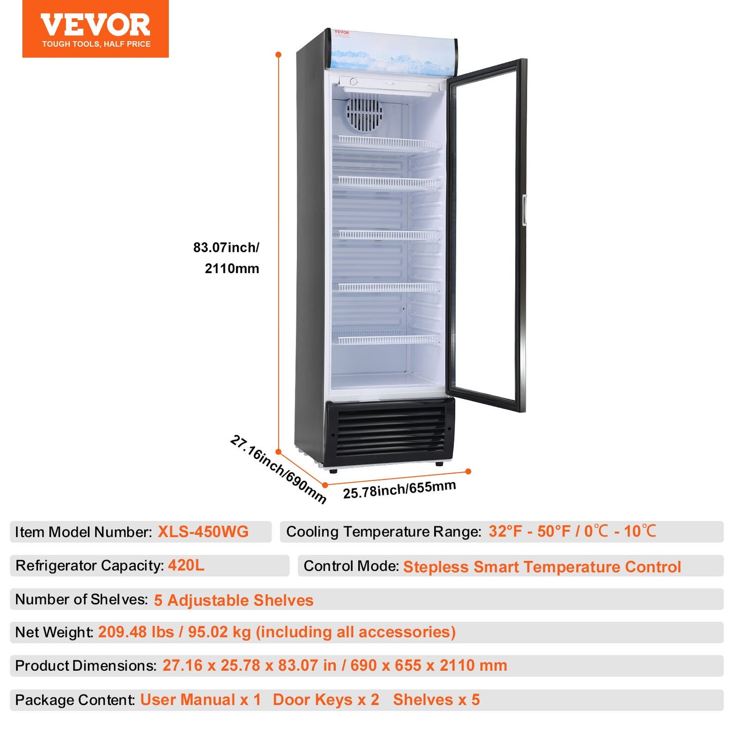 Commercial Merchandiser Refrigerator, 14.8 Cu.Ft / 420L Beverage Refrigerator Cooler Merchandiser, Glass Door Display Refrigerator Upright Fridge with 5 Adjustable Shelves, Customizable Lightbox