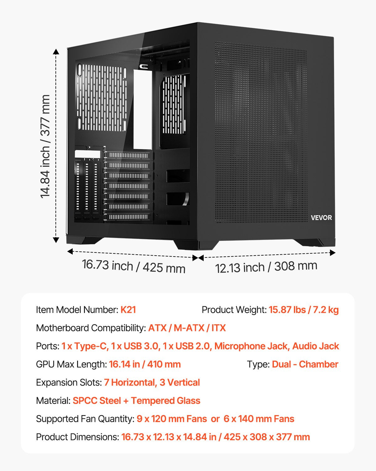 Mid-Tower PC Case, Dual Chamber, Gaming Computer Case with Tempered Glass Panels, Magnetic Dust Filter, Cable Management, for GPU up to 410 mm in Length, Compatible with ATX/M-ATX/ITX, No Fan