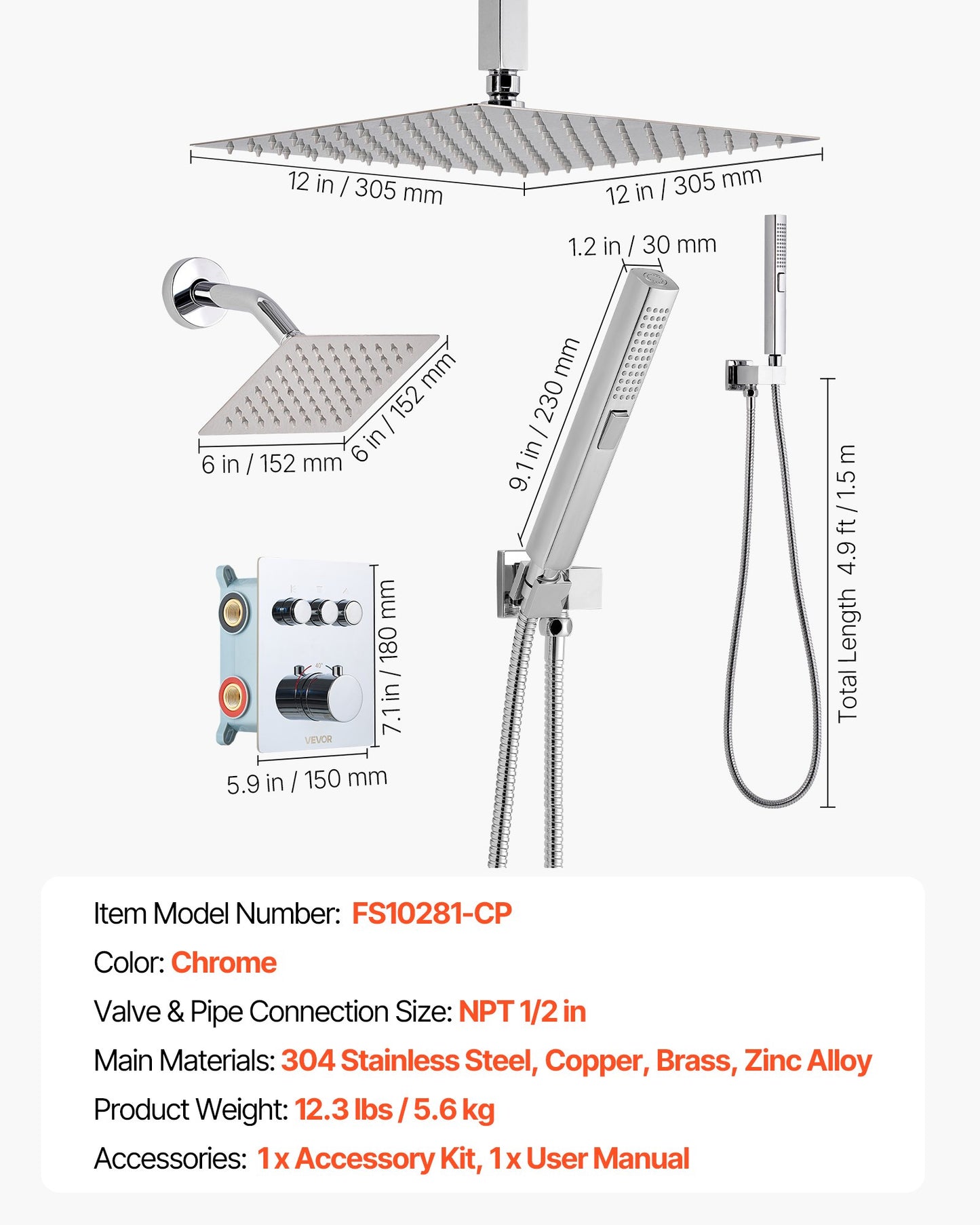 Shower Faucet Set, 12 Inch Thermostatic Ceiling Mount Rainfall Shower System with 6 Inch Wall Mount Head and 2 in 1 Handheld Spray, 3-Function Dual Rain Head Brass Valve and Trim Kit, Chrome