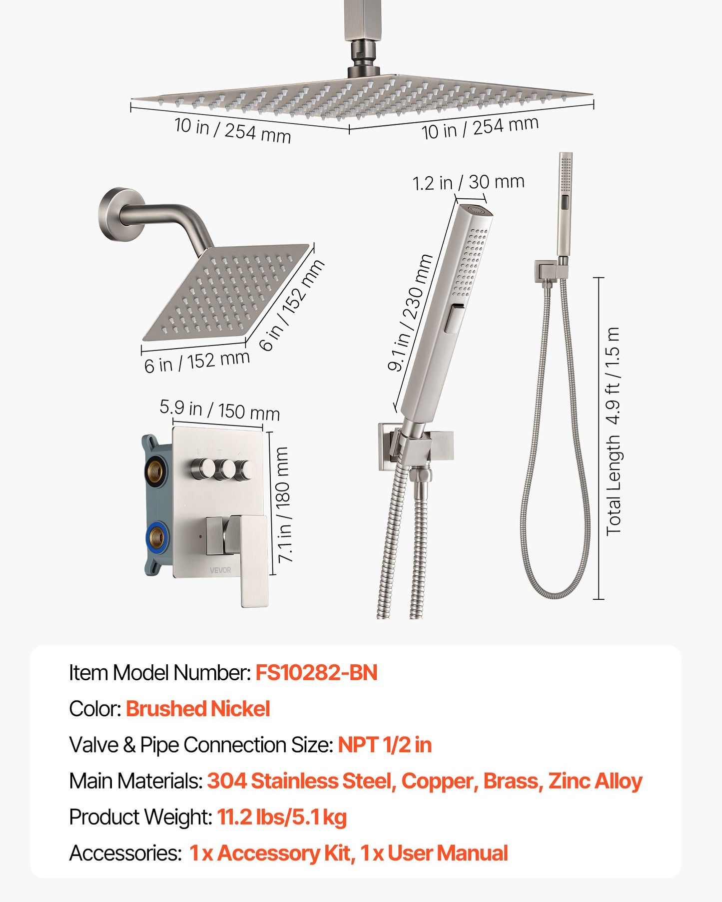 Shower Faucet Set, 10 Inch Ceiling Mount Rainfall Shower System with 6 Inch Wall Mount Head and 2 in 1 Handheld Spray, Rotatable 3-Function Dual Rain Head Brass Valve & Trim Kit, Brushed Nickel