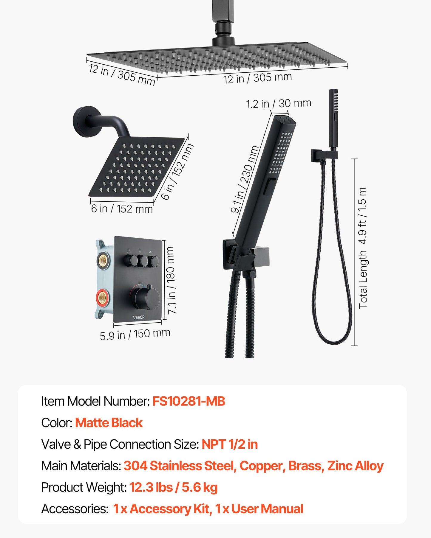 Shower Faucet Set, 12 Inch Thermostatic Ceiling Mount Rainfall Shower System with 6 Inch Wall Mount Head and 2 in 1 Handheld Spray, 3-Function Dual Rain Head Brass Valve & Trim Kit, Matte Black