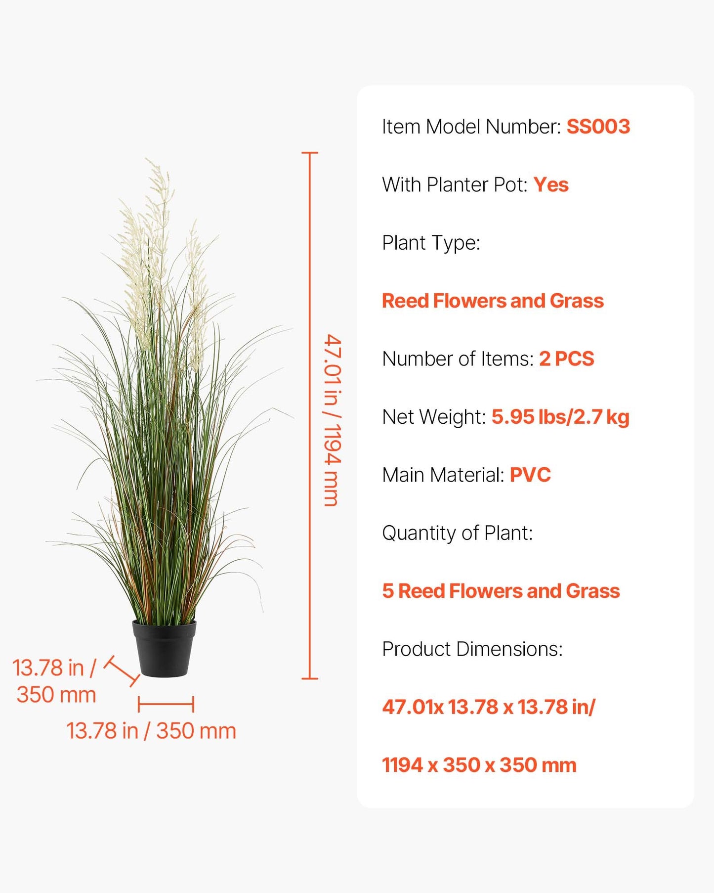 Artificial Grass Plant, 2 Pack 47 inch Reed Flower Grass in Pot, Premium PVC Faux Fake Greenery Shrubs Plant for Indoor Outdoor House Home Garden Office Room Décor, Housewarming, Green