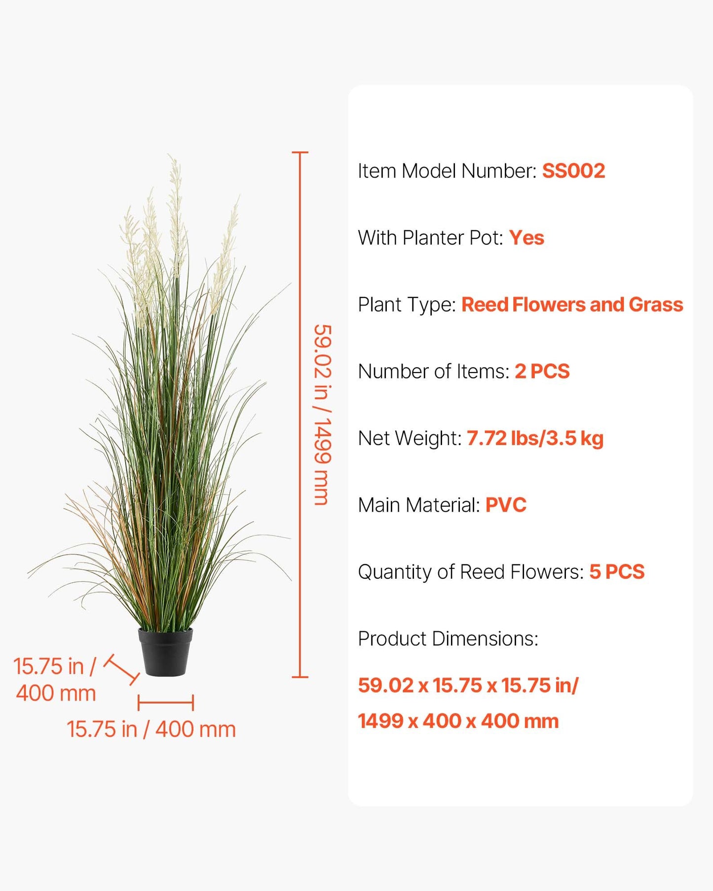Artificial Grass Plant, 2 Pack 59 inch Faux Reed Flower Grass in Pot, Premium PVC Fake Greenery Shrubs Plant for Indoor Outdoor House Home Garden Office Room Décor, Housewarming, Green