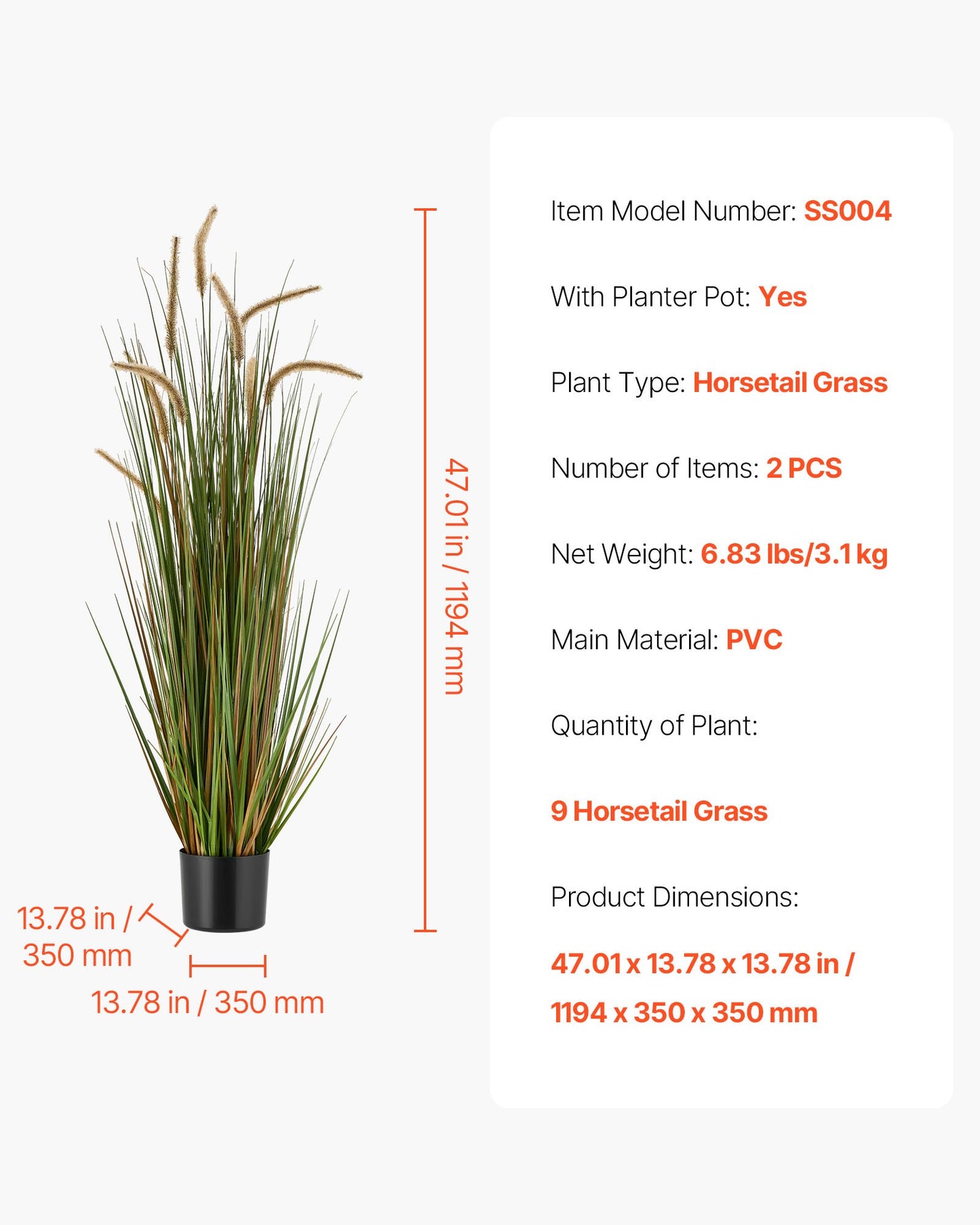 Artificial Grass Plant, 2 Pack 47 inch Horsetail Reed Grass in Pot, Premium PVC Faux Fake Greenery Shrubs Plant for Indoor Outdoor House Home Garden Office Room Décor, Housewarming, Green