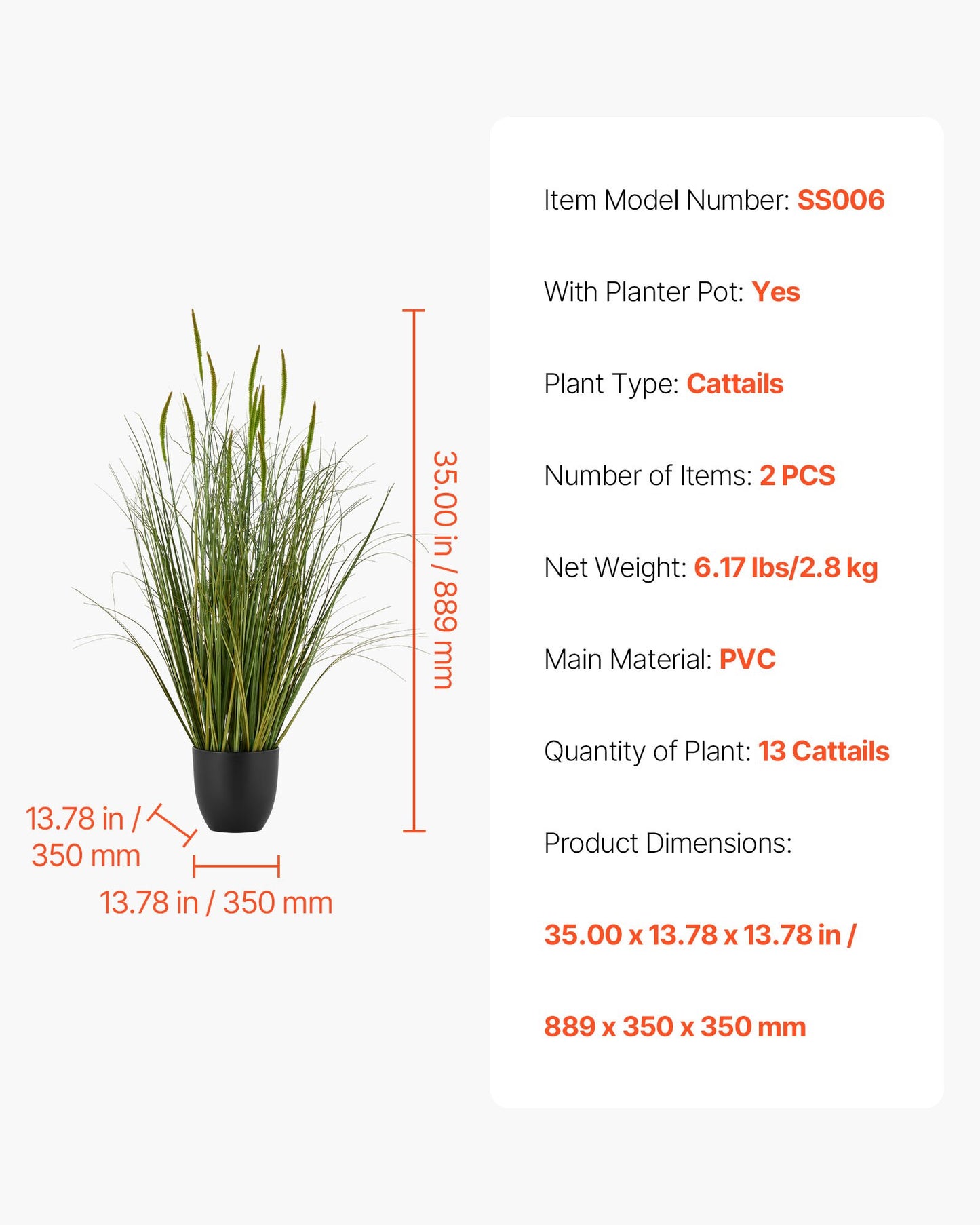 Artificial Grass Plant, 2 Pack 35 inch Cattail Grass in Pot, Premium PVC Faux Fake Greenery Shrubs Plant for Indoor Outdoor House Home Garden Office Room Décor, Housewarming, Green