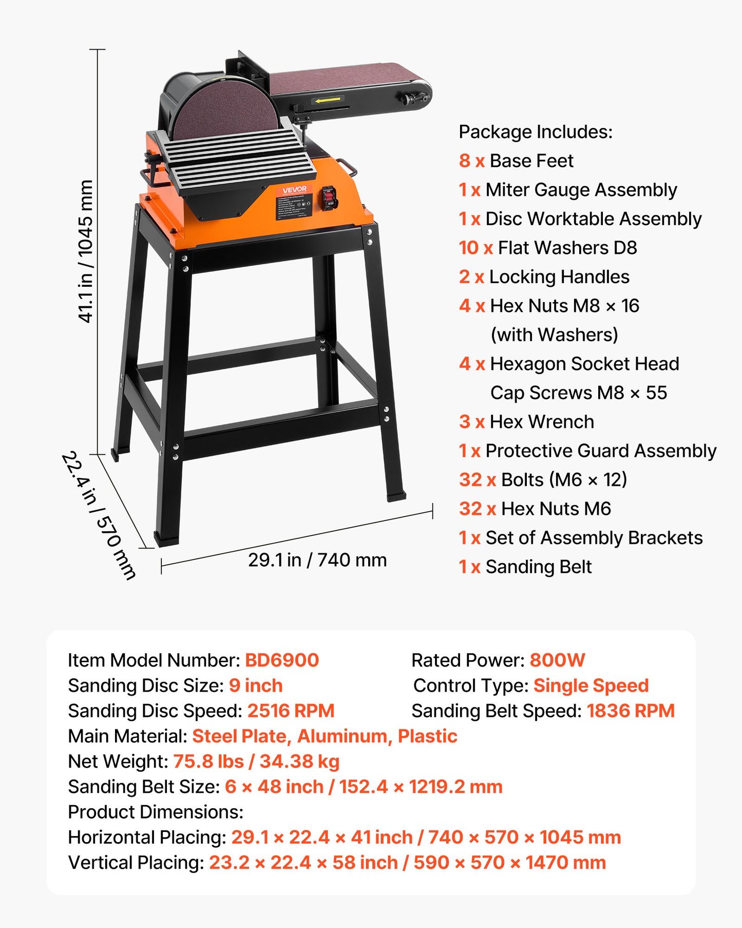 Professional Belt Sander with Stand, 9" Disc & 6" x 48" Belt Sander Combo, 800W Sanding Machine with 0 - 45° Adjustable Worktable for Woodworking, Furniture Refinishing, Knife Sharpening
