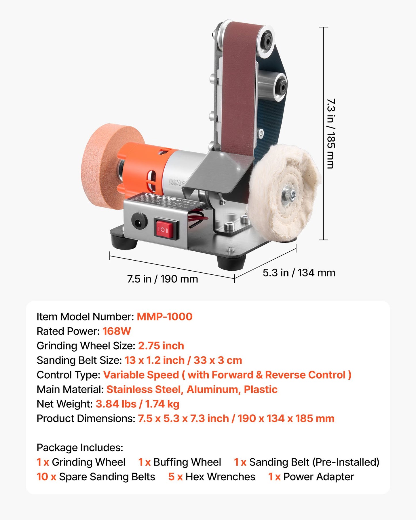 3-in-1 Mini Belt Sander, 13" x 1.2" Sanding Belt, 2.75" Grinding & Polishing Wheel Combo, 7-Speed Adjustable with Forward/Reverse Control for Woodworking, Jewelry Making, Knife Sharpening