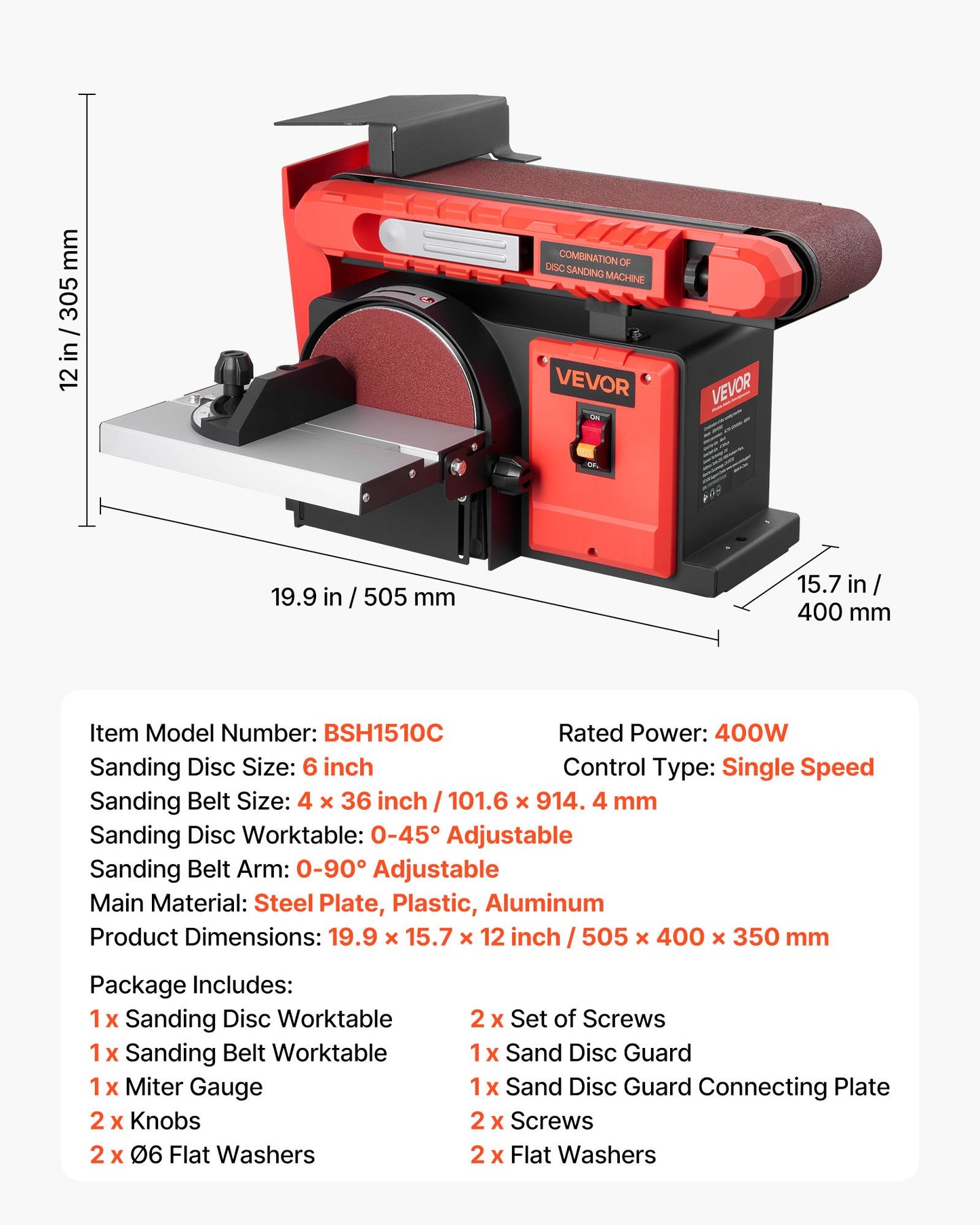 6" Disc Sander & 4" x 36" Belt Sander, 400W Professional Belt Disc Sanders Combo with 0 - 45° Adjustable Worktable & Dust Collection Port for Woodworking, Knife Sharpening, DIY Crafting