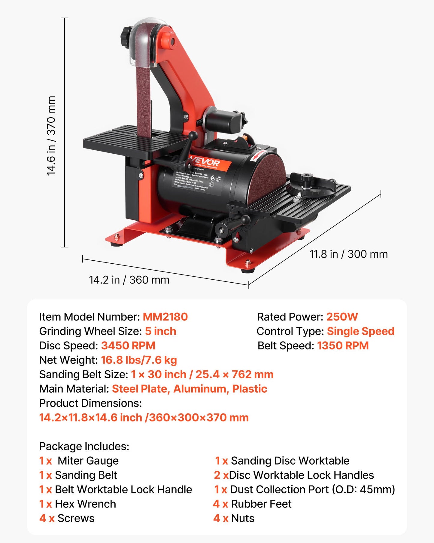 5" Disc Sander & 1" x 30" Belt Sander, 250W Benchtop Belt Disc Sanders Combo with 0 - 45° Adjustable Worktable & Dust Collection Ports for Woodworking, Furniture Refinishing, DIY Crafting