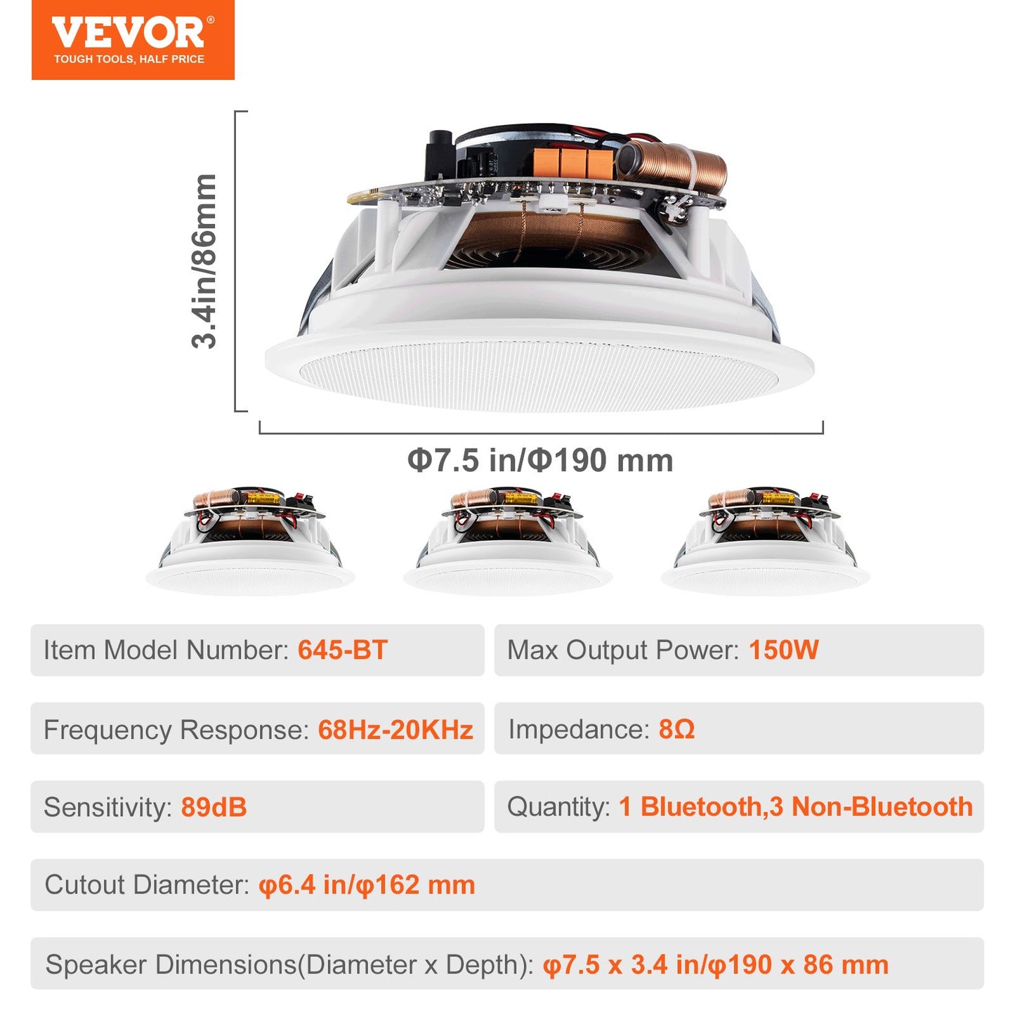 4 PCs 6.5'' Bluetooth in Ceiling Speakers, 150W, Flush Mount Ceiling & in-Wall Speaker System with 8ΩImpedance 89dB Sensitivity, for Home Kitchen Living Room Bedroom or Covered Outdoor Porches