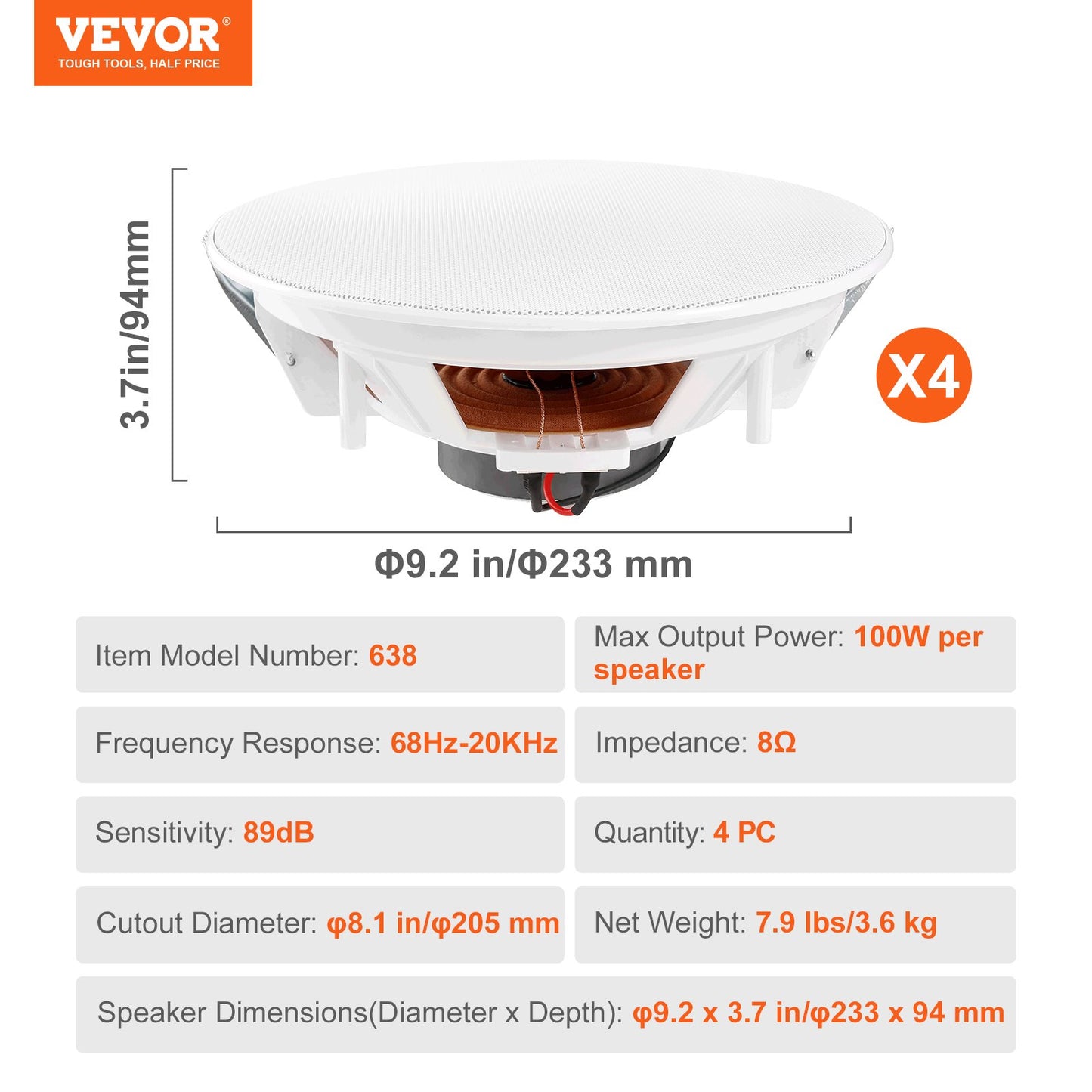 4 PCs 8 Inch in Ceiling Speakers, 100-Watts, Flush Mount Ceiling & in-Wall Speakers System with 8ΩImpedance 89dB Sensitivity, for Home Kitchen Living Room Bedroom or Covered Outdoor Porches