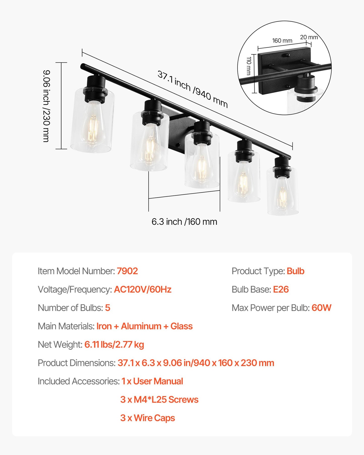 5-Light Bathroom Vanity Lights, 37.1-Inch, Modern Light Fixtures Above Mirror with Clear Glass Shade, 60W, Wall Lighting for Bathroom, Living Room, Bedroom, Hallway, E26 Base (Bulbs Not Included)