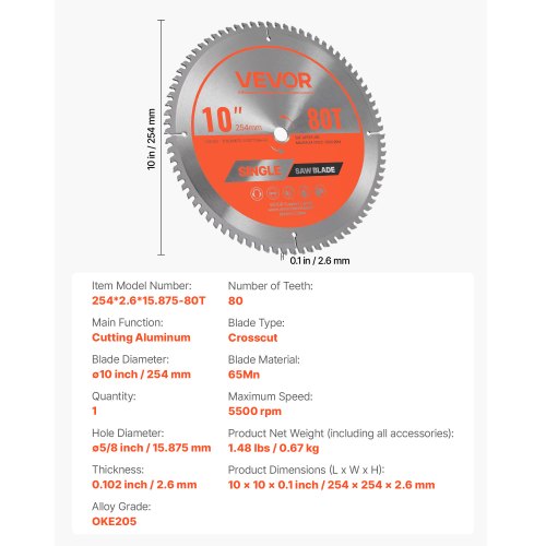 cirkelsågblad, 254 mm diameter, 80 vassa legeringständer, 15,875 mm spindel, fin yta, aluminiumskärblad för cirkelsåg, med ljudreducerande värmeventiler, för skärning av stål och metall | EU