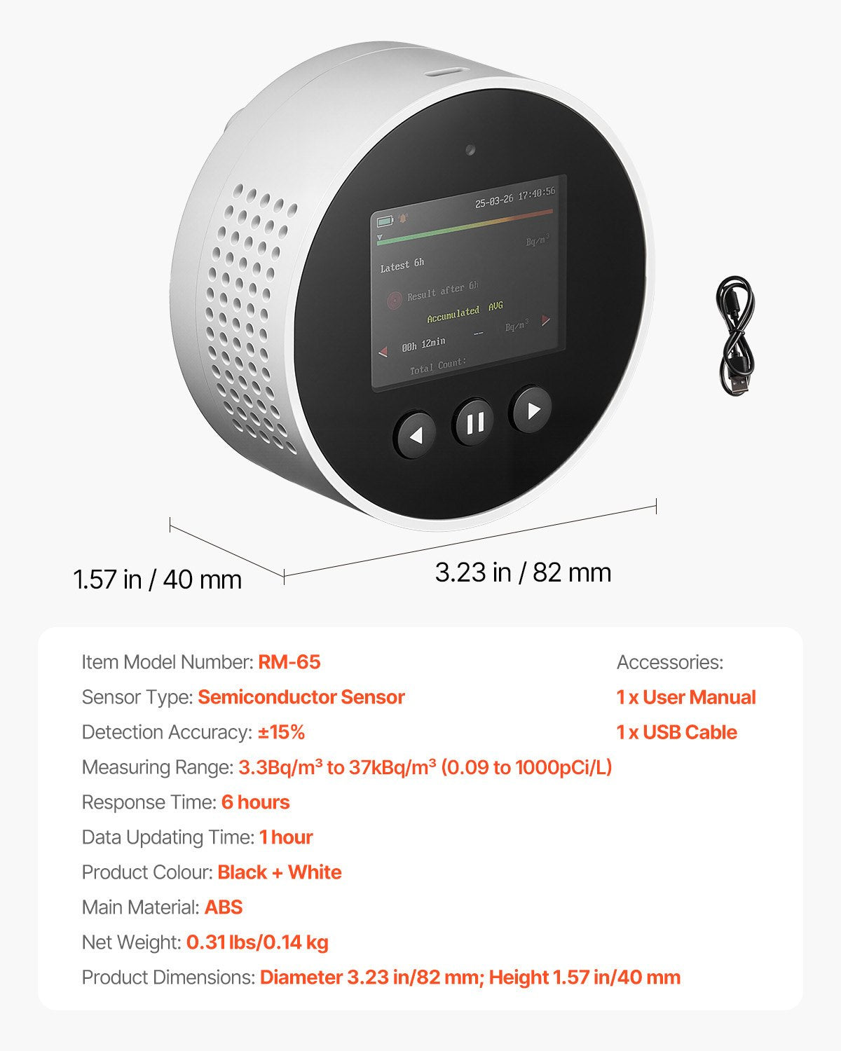 Radon Air Quality Meter Detector for Home 3.3Bq/m³ to 37kBq/m³ Battery Powered
