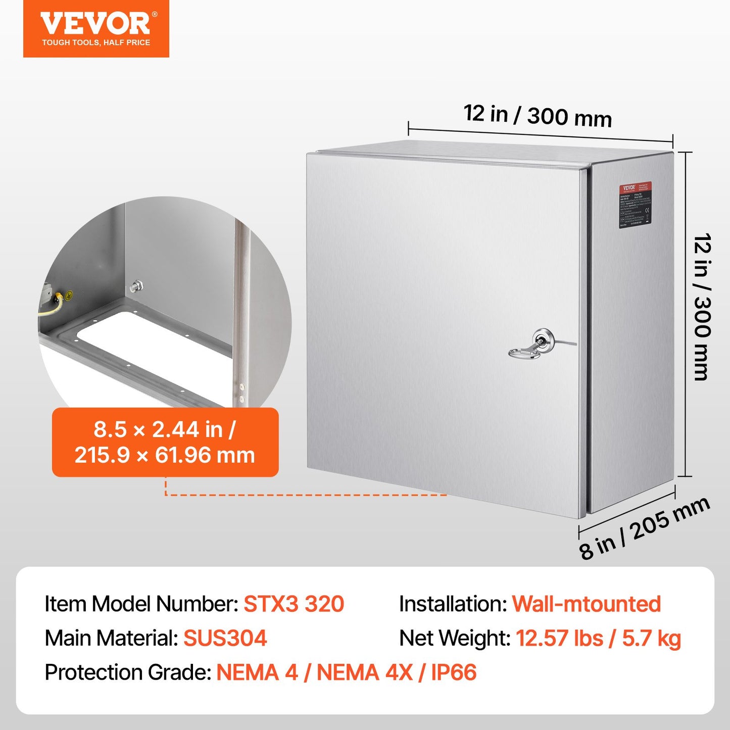 NEMA Stainless Steel Enclosure, 12 x 12 x 8\'\' NEMA 4X Steel Electrical Box, IP66 Waterproof & Dustproof, Outdoor/Indoor Electrical Junction Box, with Mounting Plate
