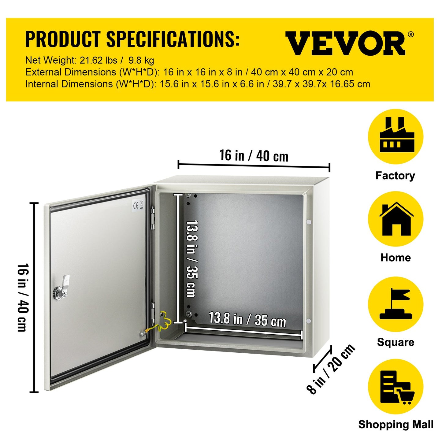 NEMA Steel Enclosure, 16 x 16 x 8\'\' NEMA 4X Steel Electrical Box, IP66 Waterproof & Dustproof, Outdoor/Indoor Electrical Junction Box, with Mounting Plate