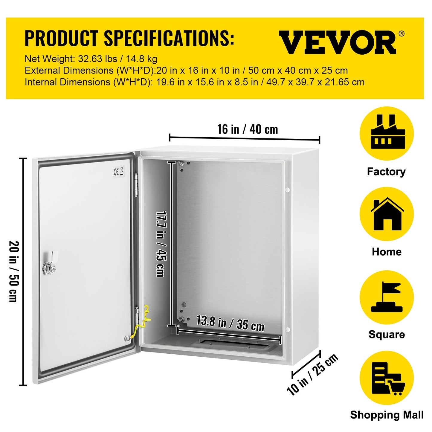 NEMA Steel Enclosure, 20 x 16 x 10\'\' NEMA 4X Steel Electrical Box, IP66 Waterproof & Dustproof, Outdoor/Indoor Electrical Junction Box, with Mounting Plate