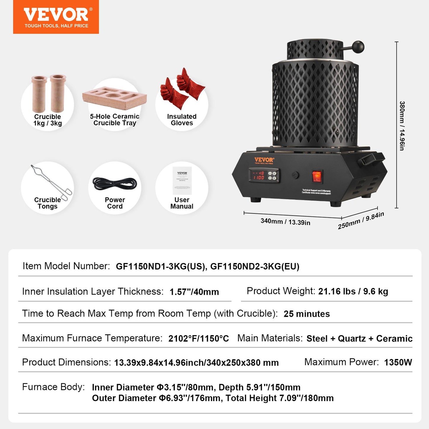 Gold Melting Furnace, 1350W, 2102 ℉ Max Temperature, Digital Electric Melting Furnace with 1 kg and 3 kg Ceramic Crucibles, Crucible Tongs, and Gloves, for Gold, Silver, Aluminum, Copper