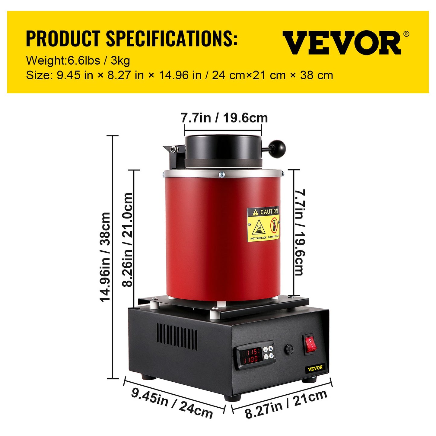 Gold Melting Furnace, 1350W, 2102 ℉ Max Temperature, 3 kg Digital Electric Melting Furnace, with 1 kg and 3 kg Ceramic Crucible and Ingot Die for Processing of Gold, Silver, Aluminum, Copper