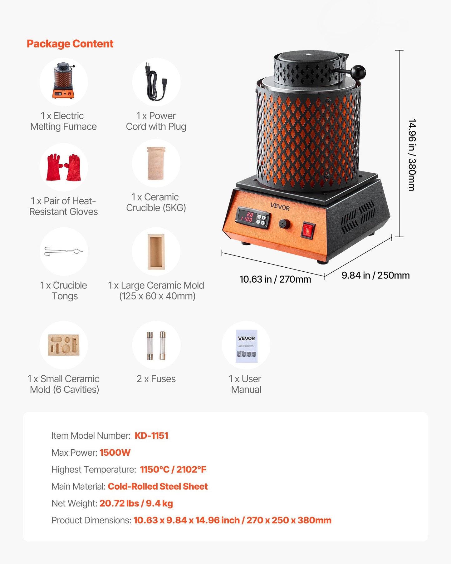 Electric Melting Furnace, 1500W Electric Metal Smelter Foundry, 2102℉/1150℃ Metal Smelting Machine with 5kg Ceramic Crucible, Gold Smelting Kit for Jewelry Making, Metal Bars, Metal Components