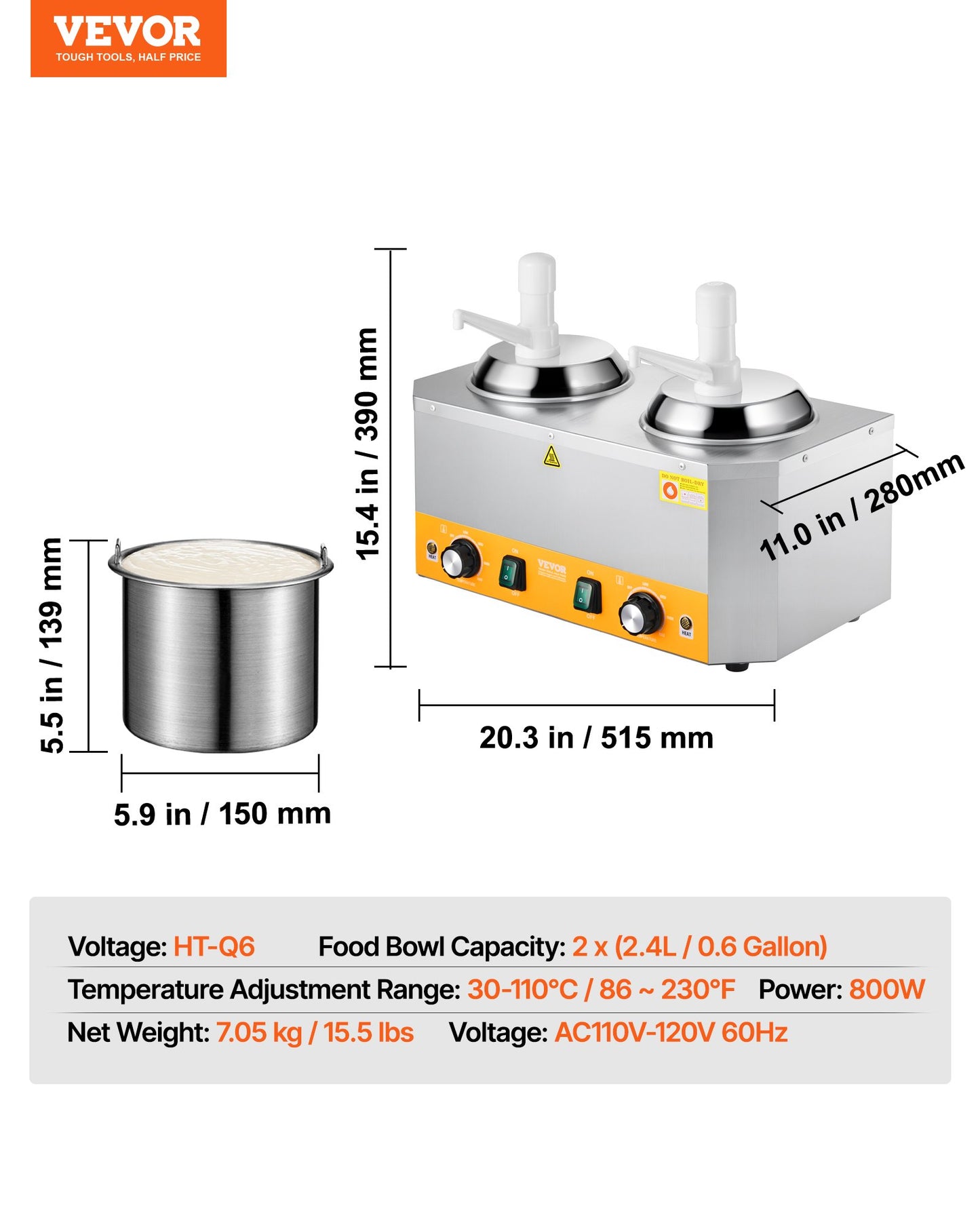 Electric Cheese Dispenser with Pumps, 2.4x2 L Commercial Hot Fudge Warmer, Plastic Double Pumps Dispenser, 86-230℉ Temp Adjustable Nacho Cheese Sauce Warmer, for Hot Fudge Cheese Caramel