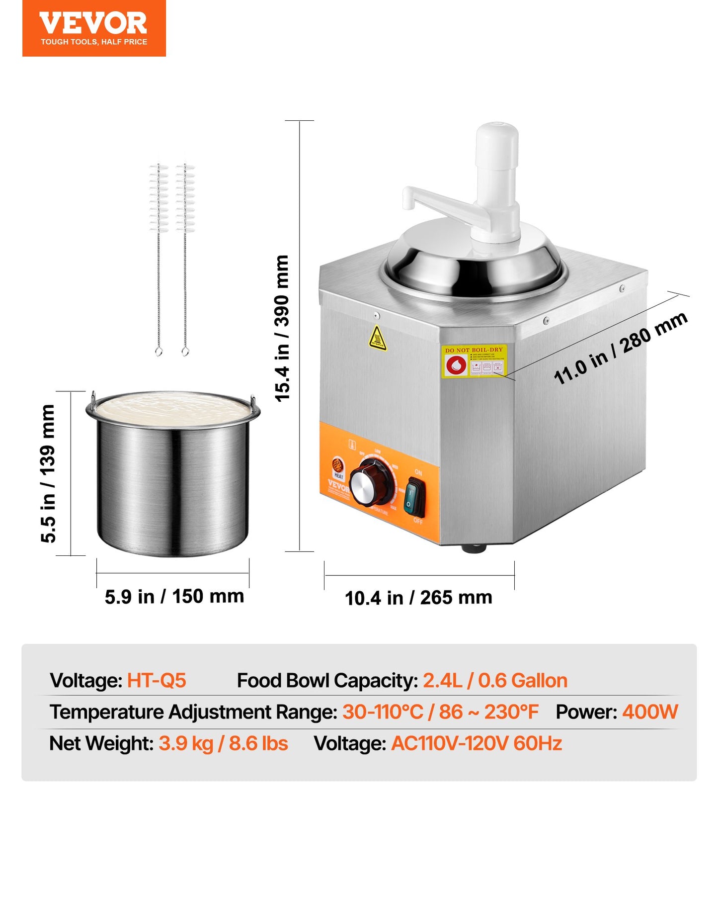 Electric Cheese Dispenser with Pump, 2.4L Commercial Hot Fudge Warmer, Plastic Pump Dispenser, 86-230℉ Temp Adjustable Nacho Cheese Sauce Warmer, for Hot Fudge Cheese Caramel