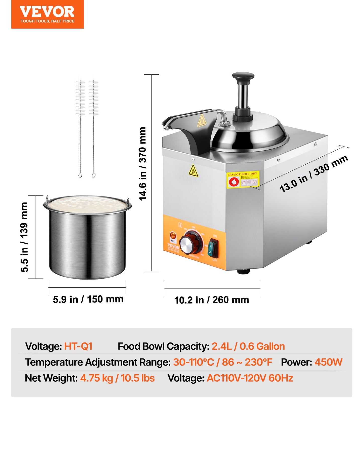 Electric Cheese Dispenser with Pump, 2.4L Commercial Hot Fudge Warmer, Stainless Steel Heated Pump Dispenser, 86-230℉ Temp Adjustable Nacho Cheese Sauce Warmer, for Hot Fudge Cheese Caramel