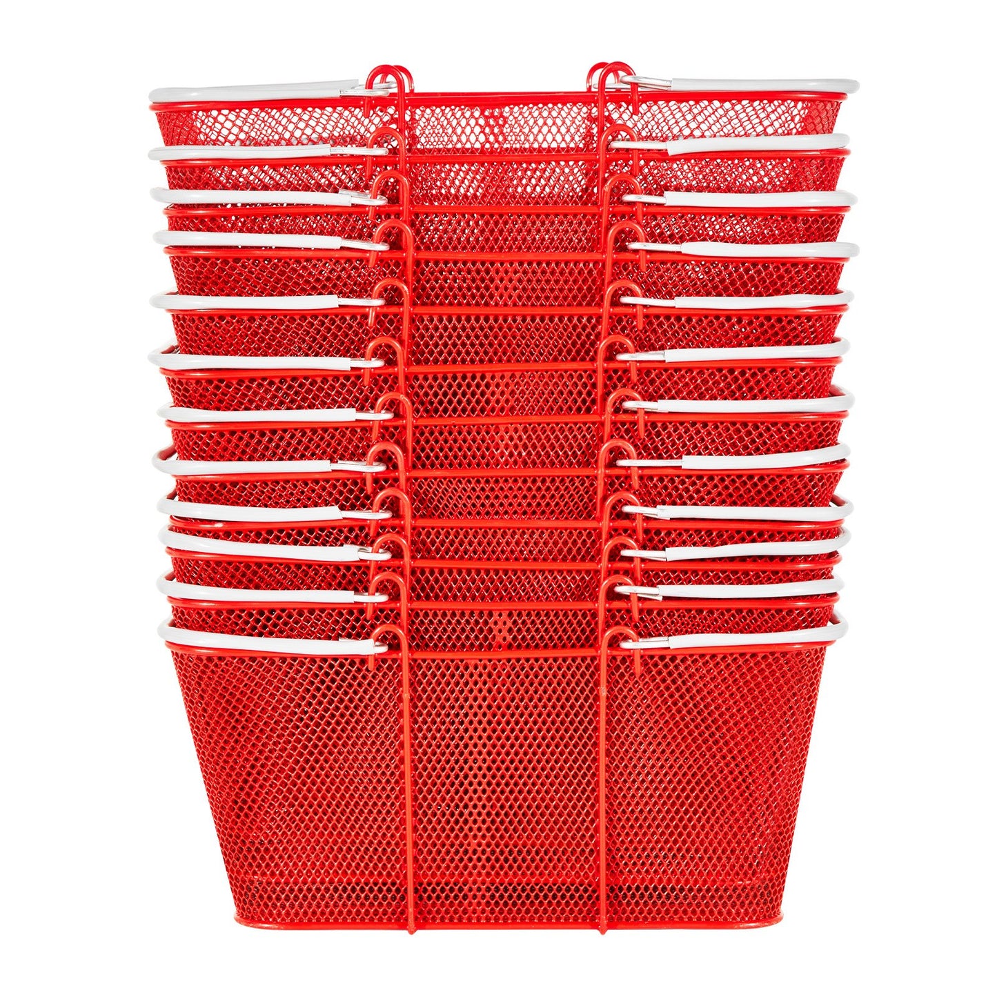 Shopping Baskets, 12 PCS, 22L Stackable Metal Grocery Baskets with Handles, Dense Mesh Structure, Holds up to 44 lbs, Portable for Grocery, Retail, Stores, Supermarket, Bookstore, Home Use, Red