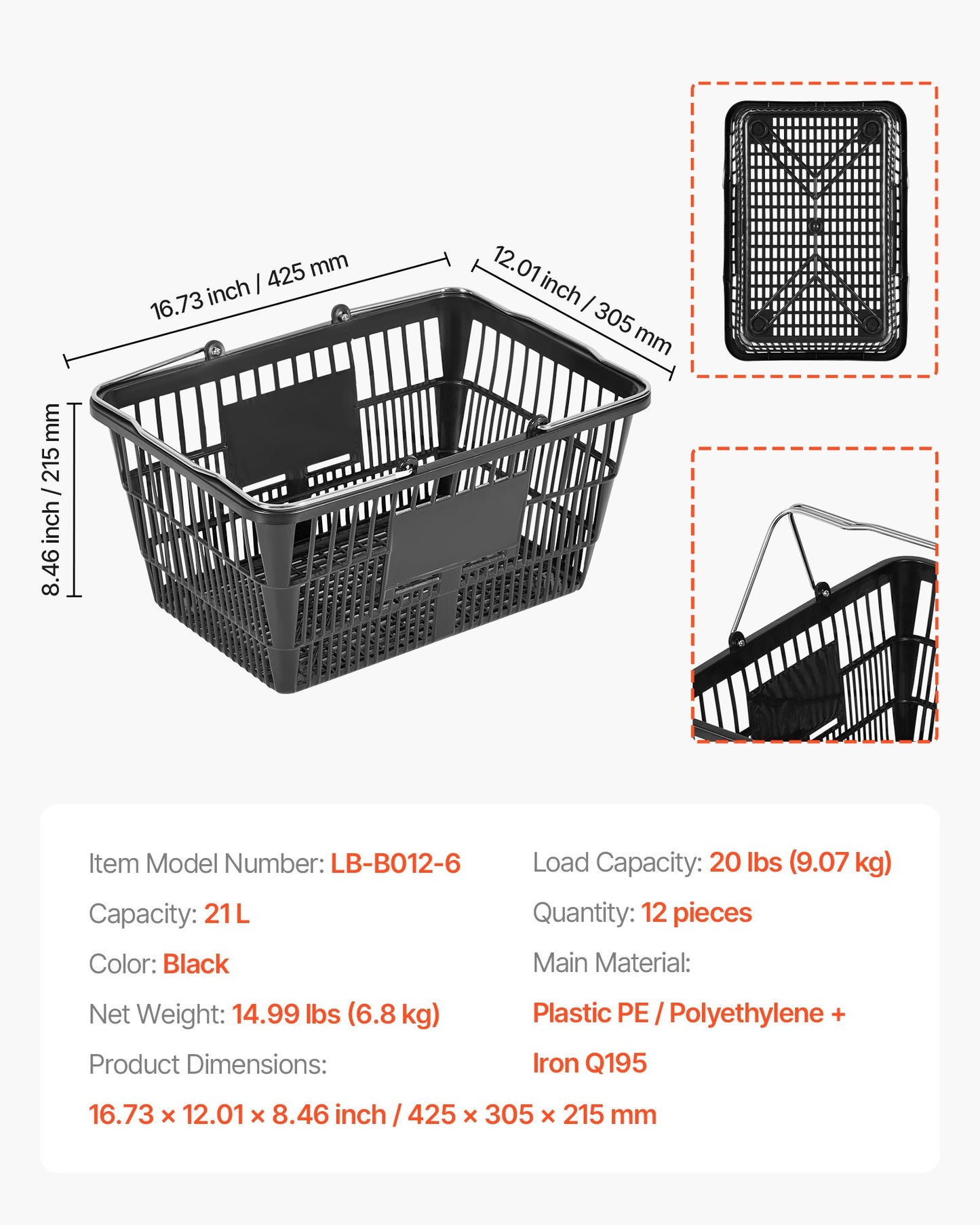 Shopping Baskets, 12 PCS, 21L Stackable PE Plastic Grocery Baskets with Handles, Dense Mesh Structure, Holds up to 20 lbs, Portable for Grocery, Retail, Stores, Supermarket, Home Use, Black