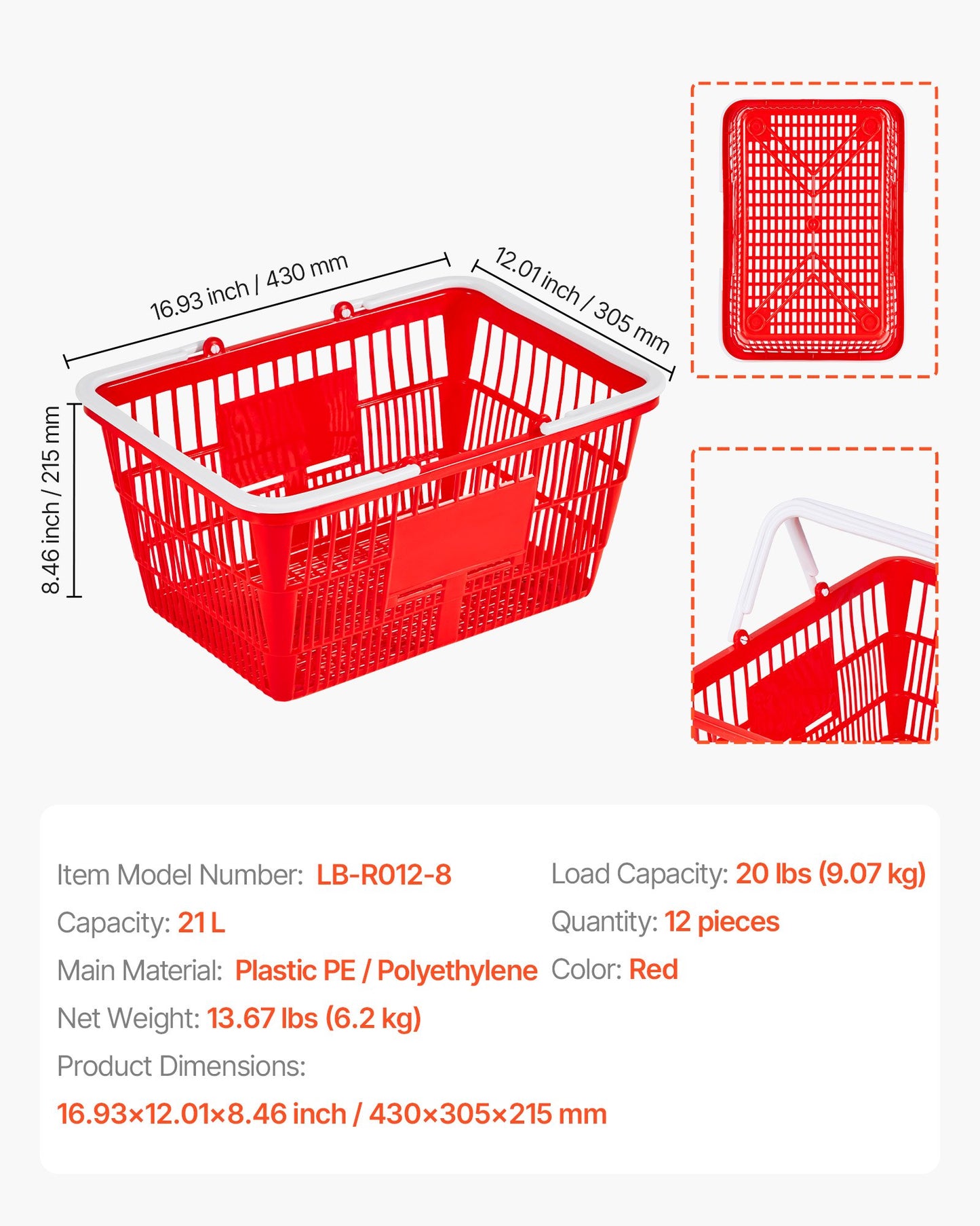 Shopping Baskets, 12 PCS, 21L Stackable PE Plastic Grocery Baskets with Handles, Dense Mesh Structure, Holds up to 20 lbs, Portable for Grocery, Retail, Stores, Supermarket, Home Use, Red
