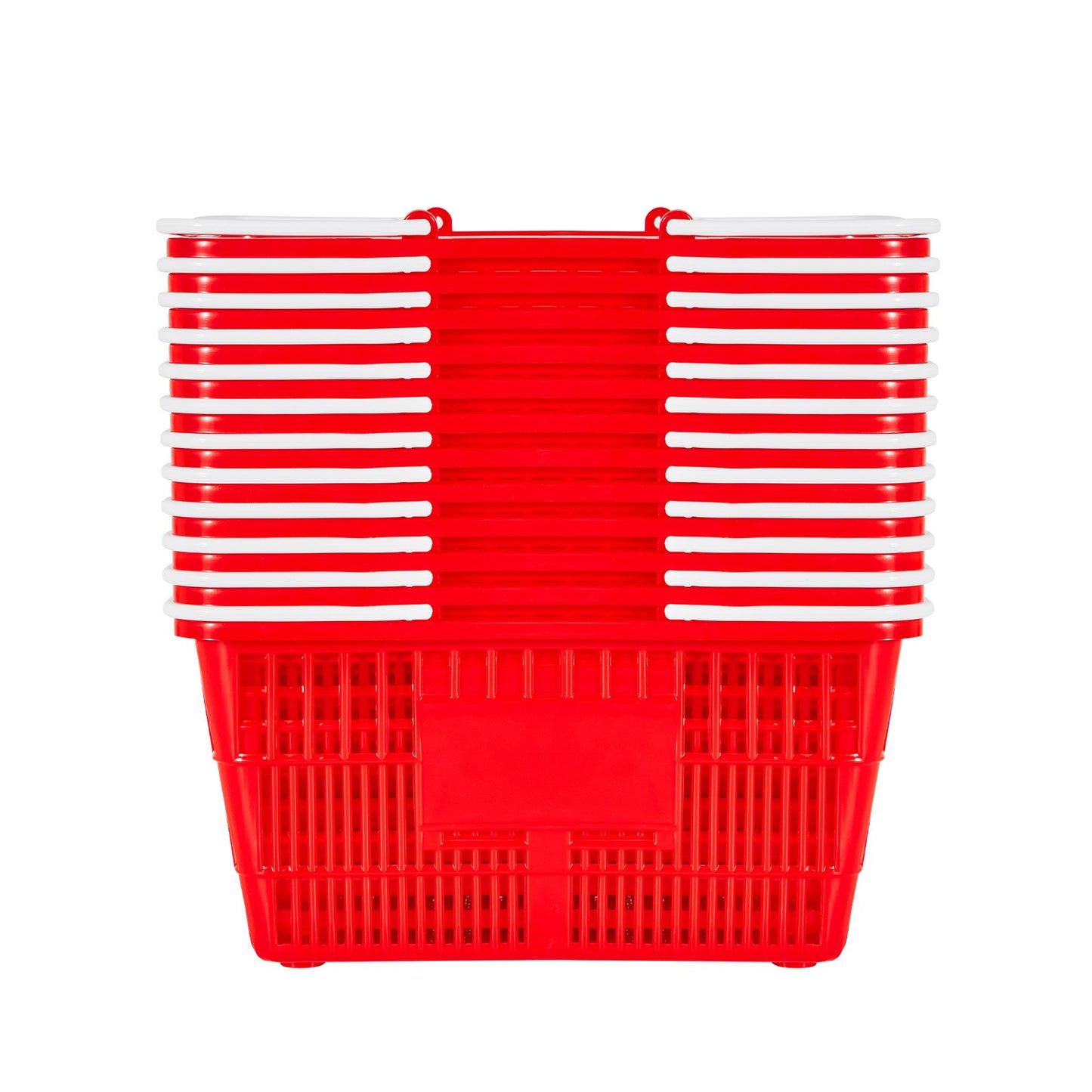 Shopping Baskets, 12 PCS, 21L Stackable PE Plastic Grocery Baskets with Handles, Dense Mesh Structure, Holds up to 20 lbs, Portable for Grocery, Retail, Stores, Supermarket, Home Use, Red
