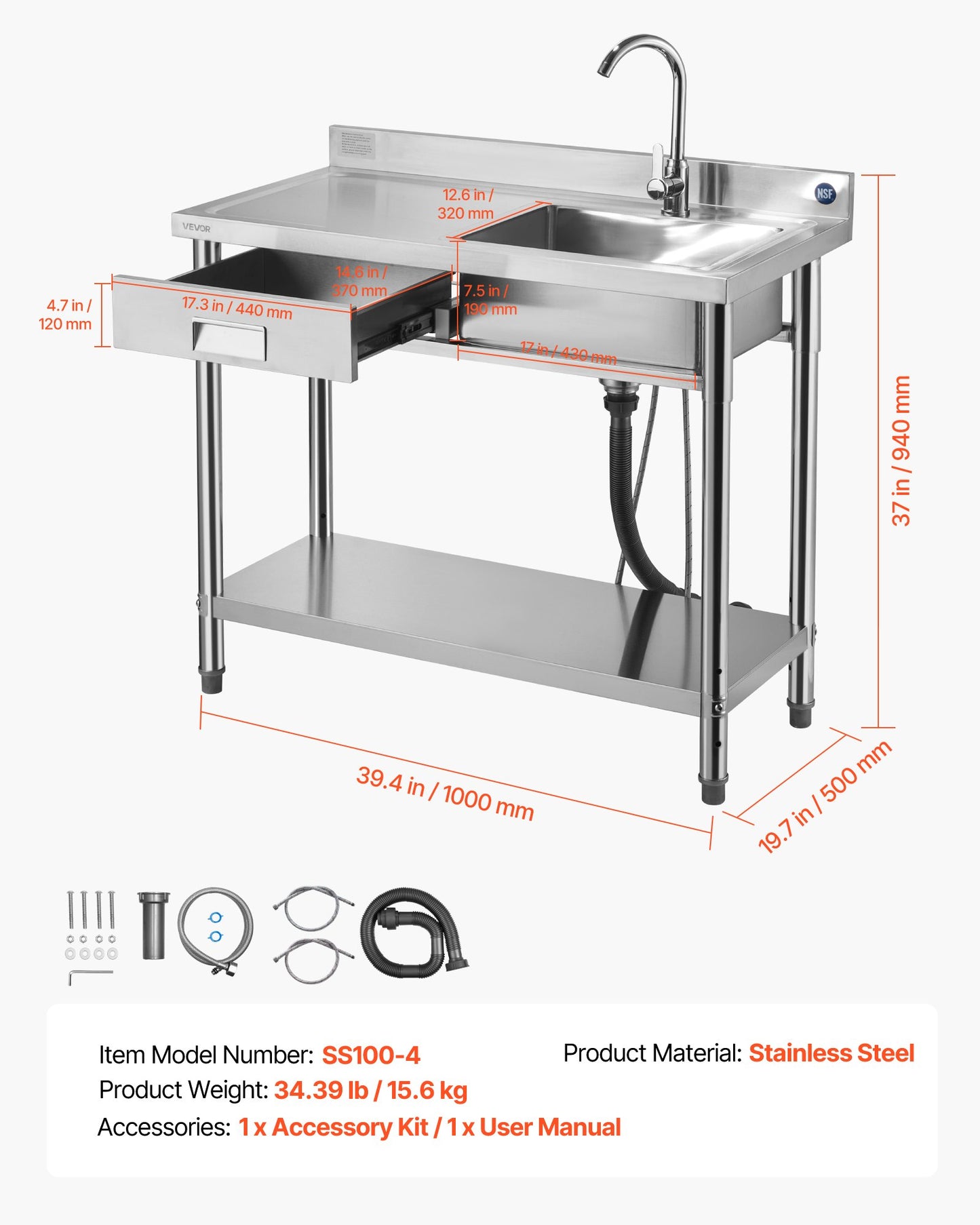 Stainless Steel Utility Sink, Free Standing Single Bowl Commercial Kitchen Sink with Drawer, Faucet and Hot & Cold Water Pipe, Utility Basin for Garage Restaurant Laundry, 39.4 x 19.7 x 37 in