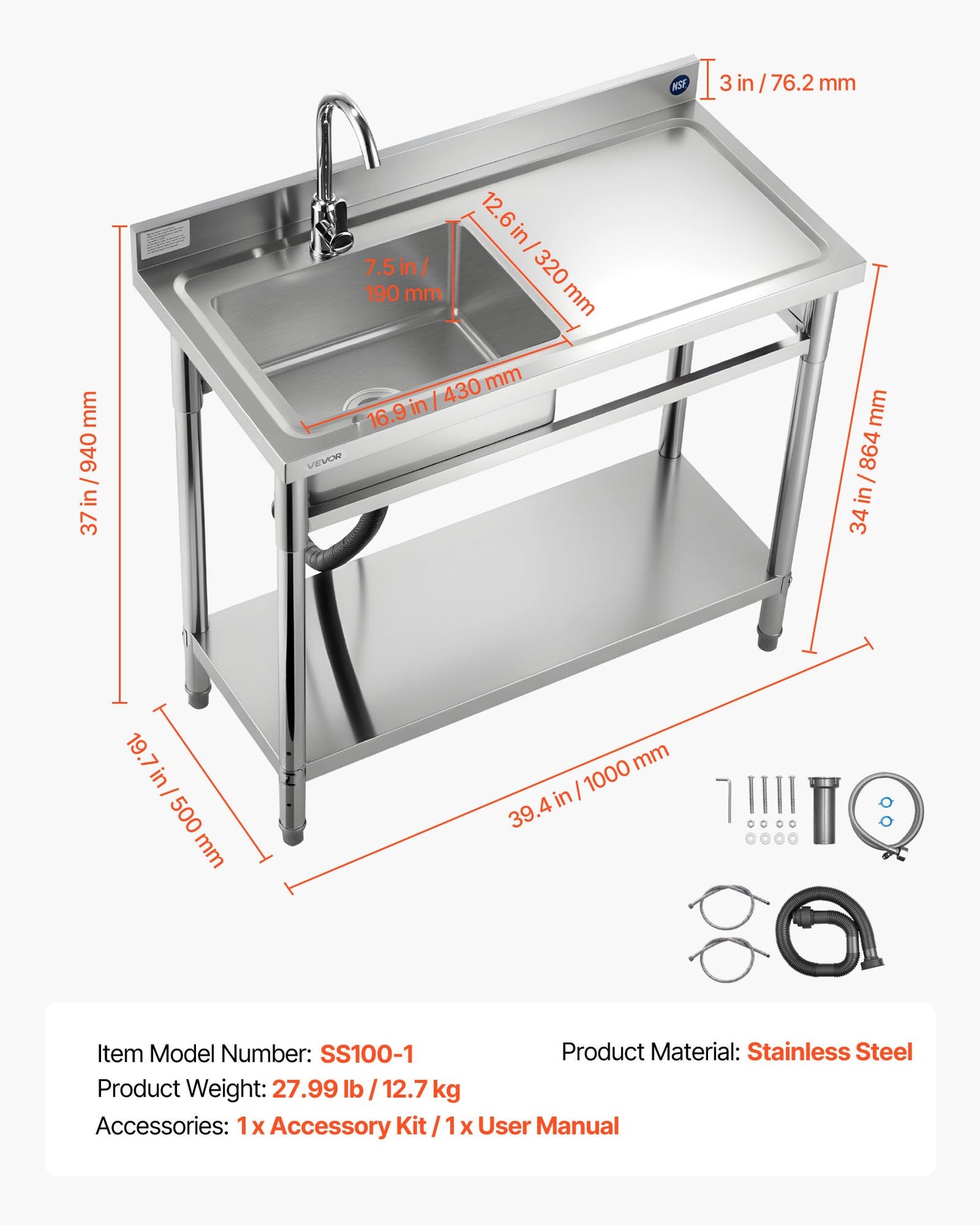 Stainless Steel Utility Sink, Free Standing Single Bowl Commercial Kitchen Sink with Faucet, 39.4 x 19.7 x 37 in, Utility Right Basin with Hot & Cold Water Pipe for Garage, Restaurant, Laundry