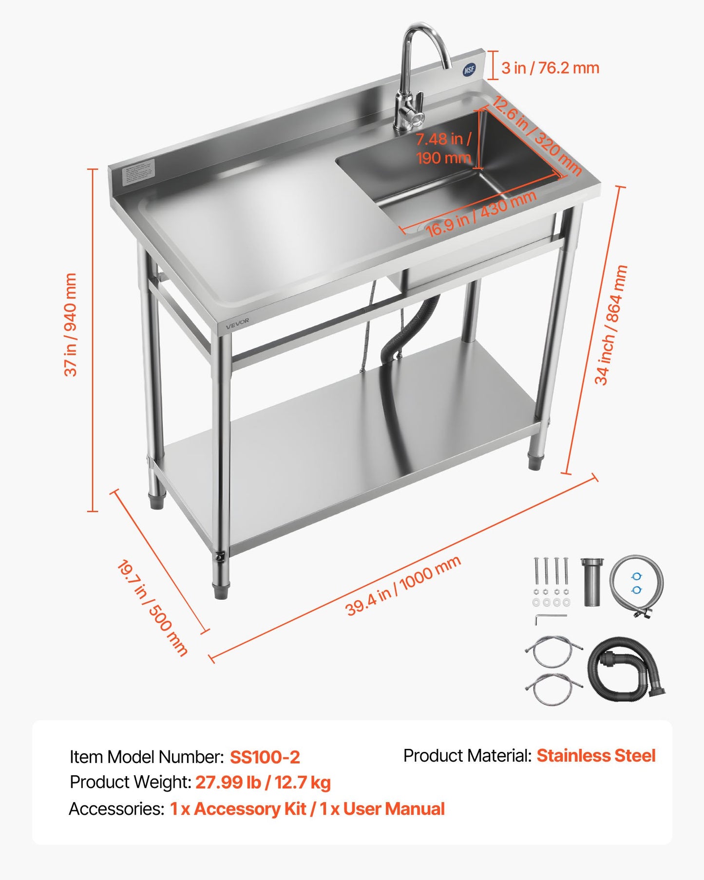 Stainless Steel Utility Sink, Free Standing Single Bowl Commercial Kitchen Sink with Faucet, 39.4 x 19.7 x 37 in, Utility Left Basin with Hot & Cold Water Pipe for Garage, Restaurant, Laundry