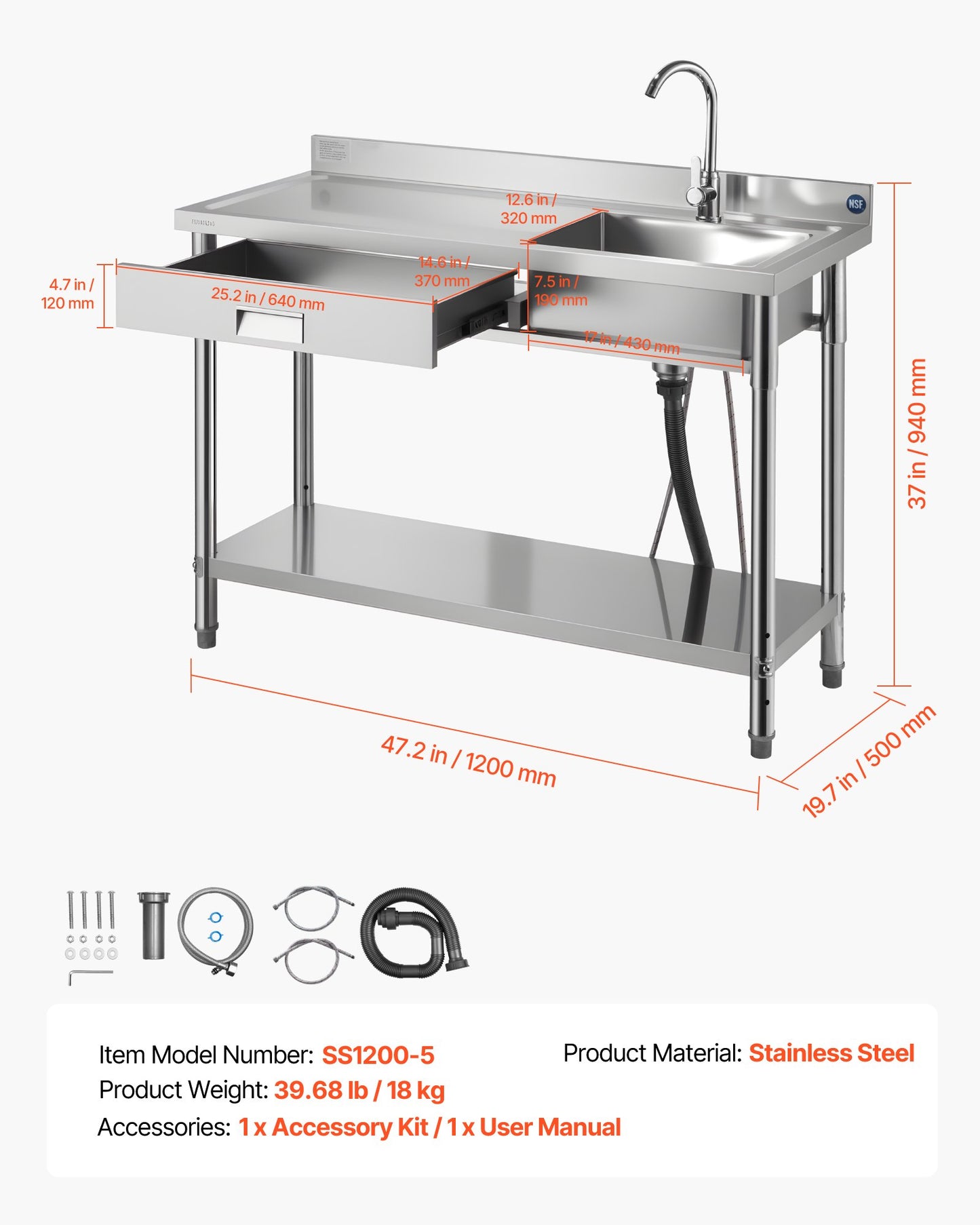 Stainless Steel Utility Sink, Rolling Single Bowl Commercial Kitchen Sink with Drawer, Faucet and Hot & Cold Water Pipe, Utility Basin for Garage, Restaurant, Laundry, 47.2 x 19.7 x 37 in