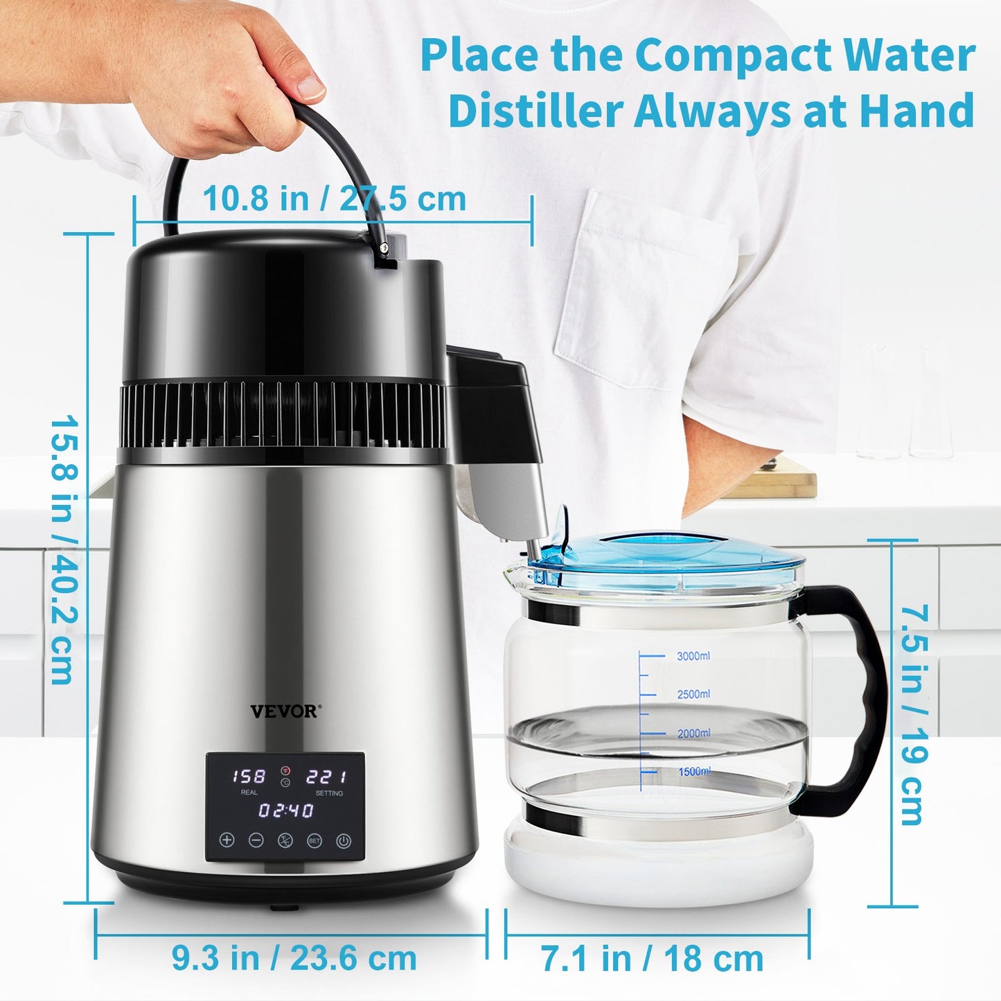 1.1Gal Water Distiller, 0.4Gal/H, Distilled Water Maker Machine 1750W 0-99H Timing Dual Temp Display, 304 Stainless Steel Countertop Distiller Glass Carafe Cleaning Powder 3 Carbon Packs, Silver